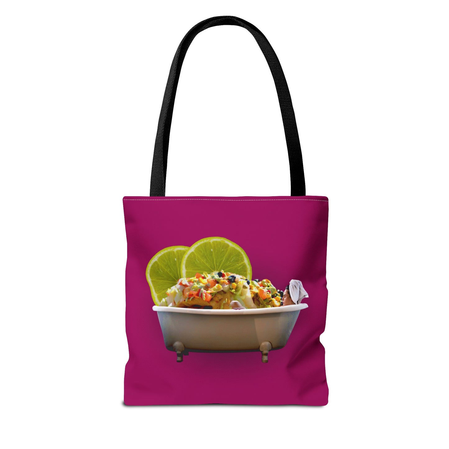 Food Lover's Delight: Woman Soaking in Bathtub with Burrito Tote Bag