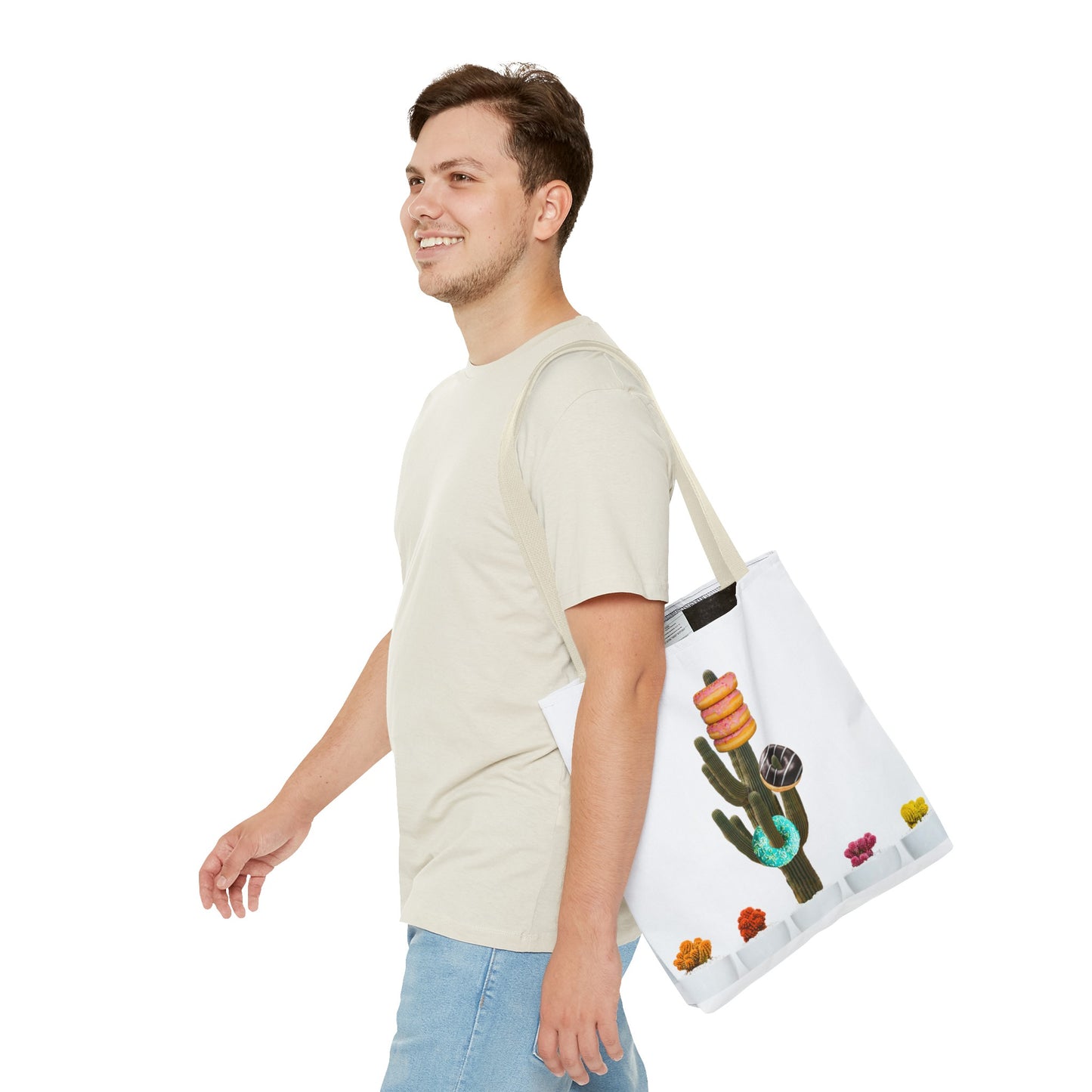 Collage Art Tote Bag featuring 'Giving Tree' & Colorful Donut Cactus Design