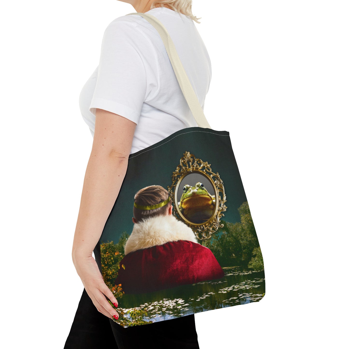 Frog Prince Reflection Tote Bag - Mystic Wetlands Collage Art Print