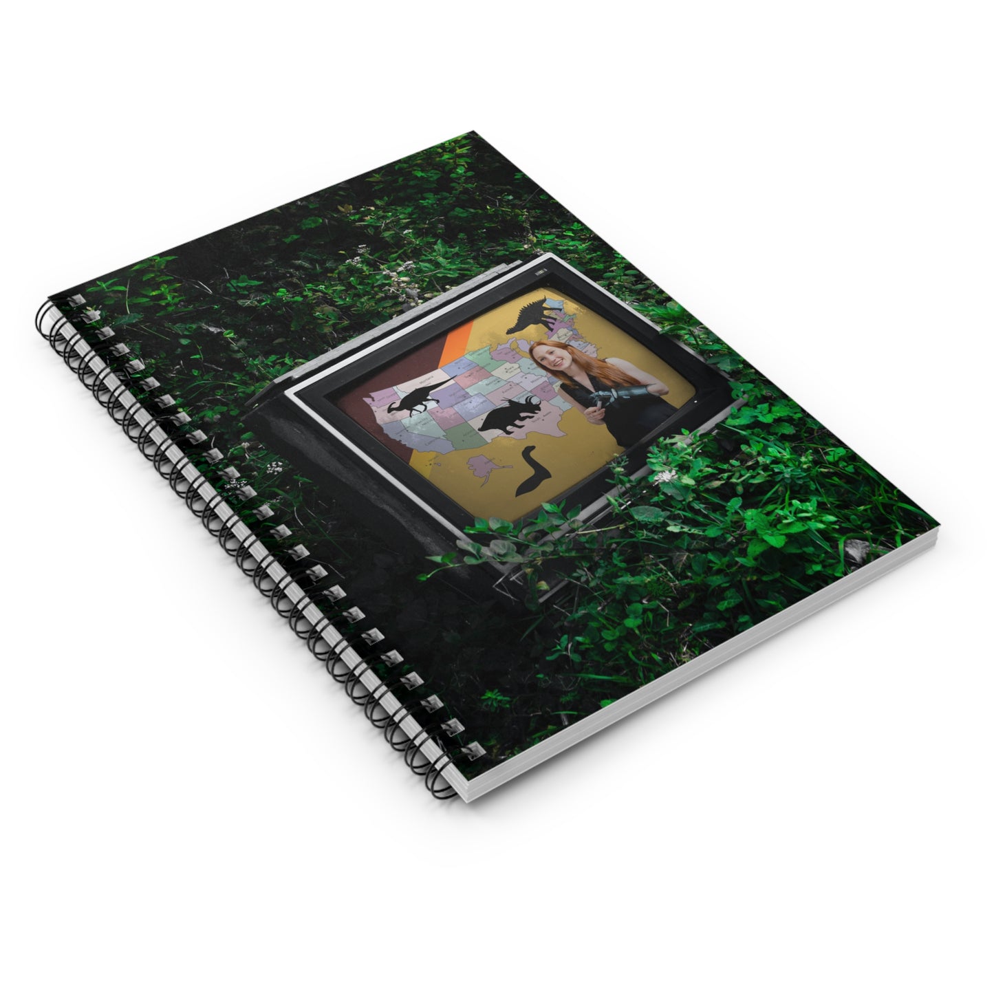 Dystopian Field Spiral Notebook with Weather Girl Map of Dinosaurs on TV