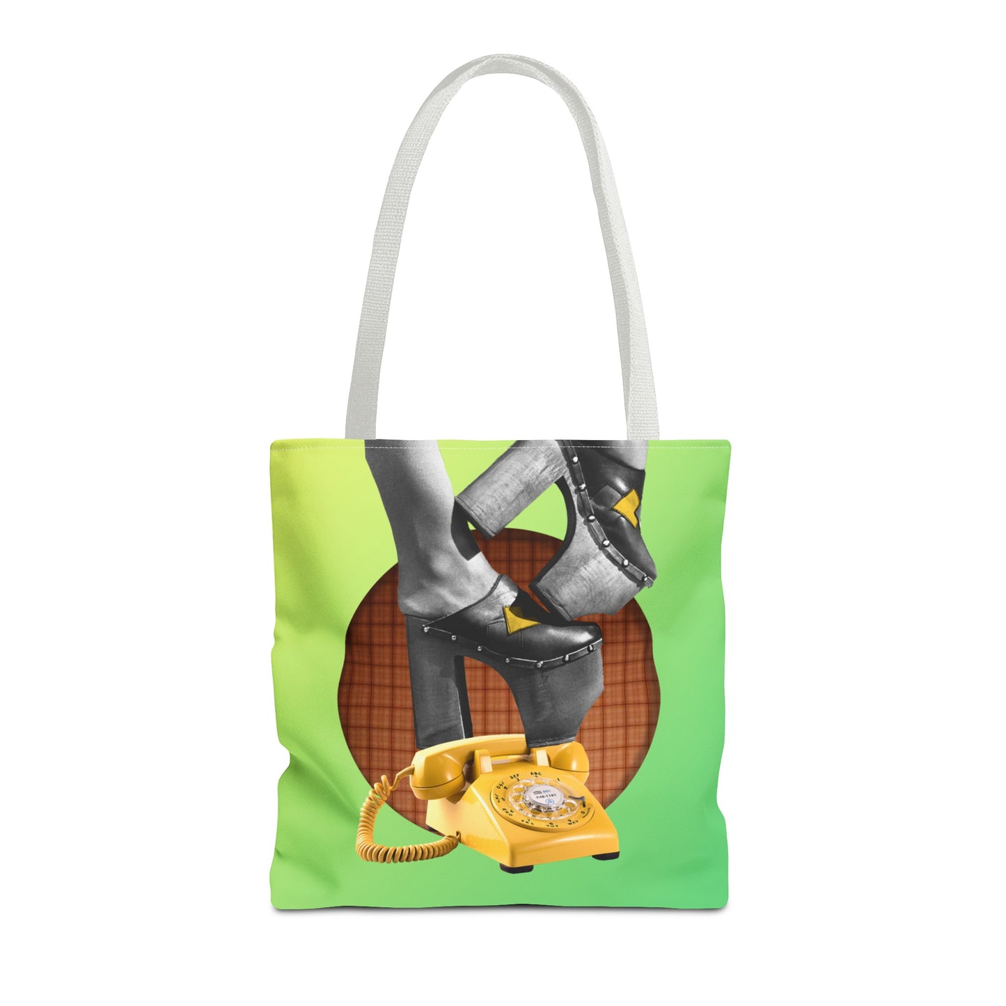 Playful Tote Bag with Collage Art "Hold My Calls" - 70's Platform Shoes and Yellow Rotary Phone