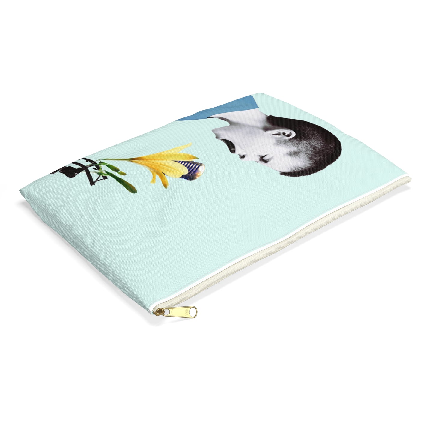 Nature Sounds Collage Art Accessory Pouch with Boy's Whimsical Floral Microphone Serenade