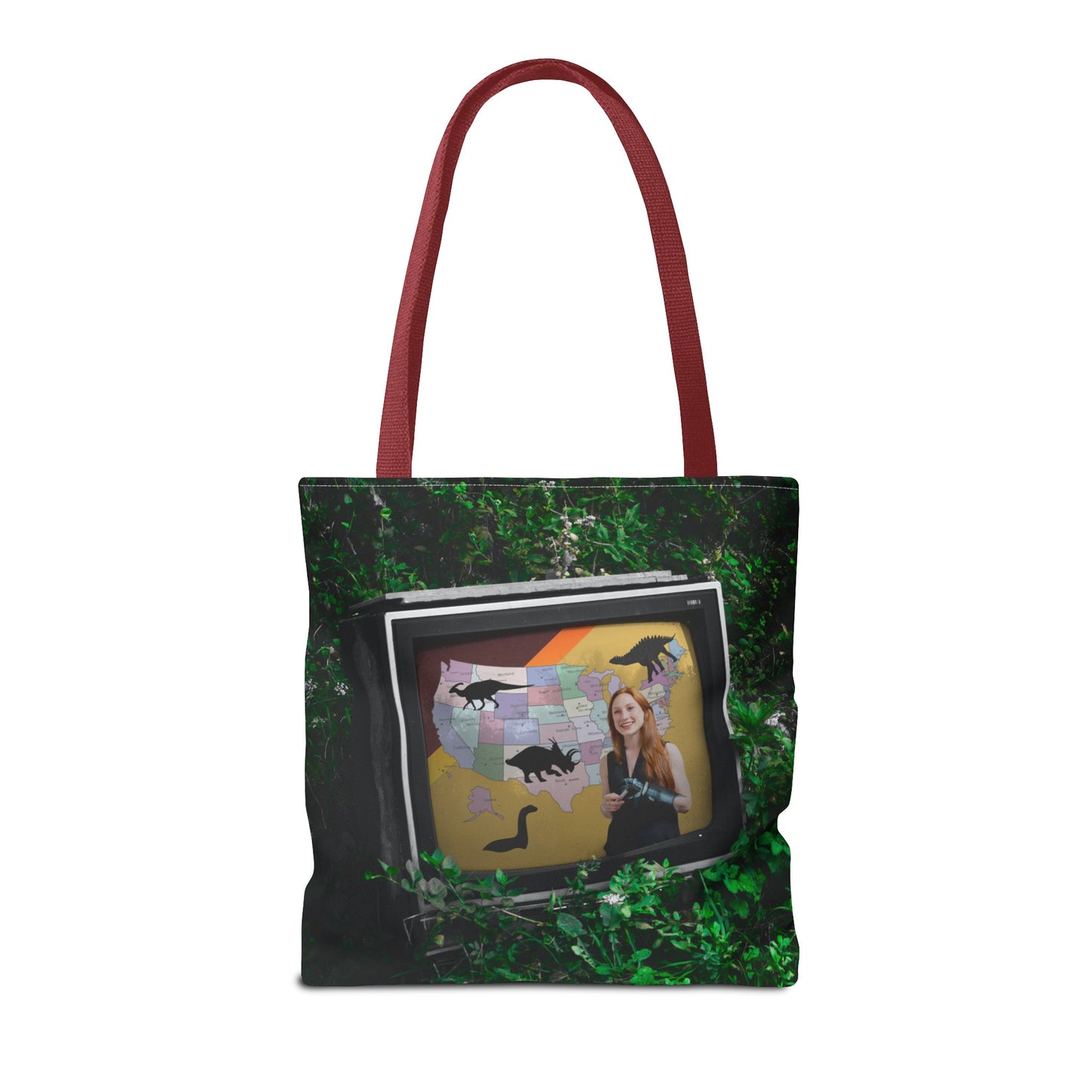 Unique Dystopian TV Scene Tote Bag with Weather Girl & Dinosaurs Map