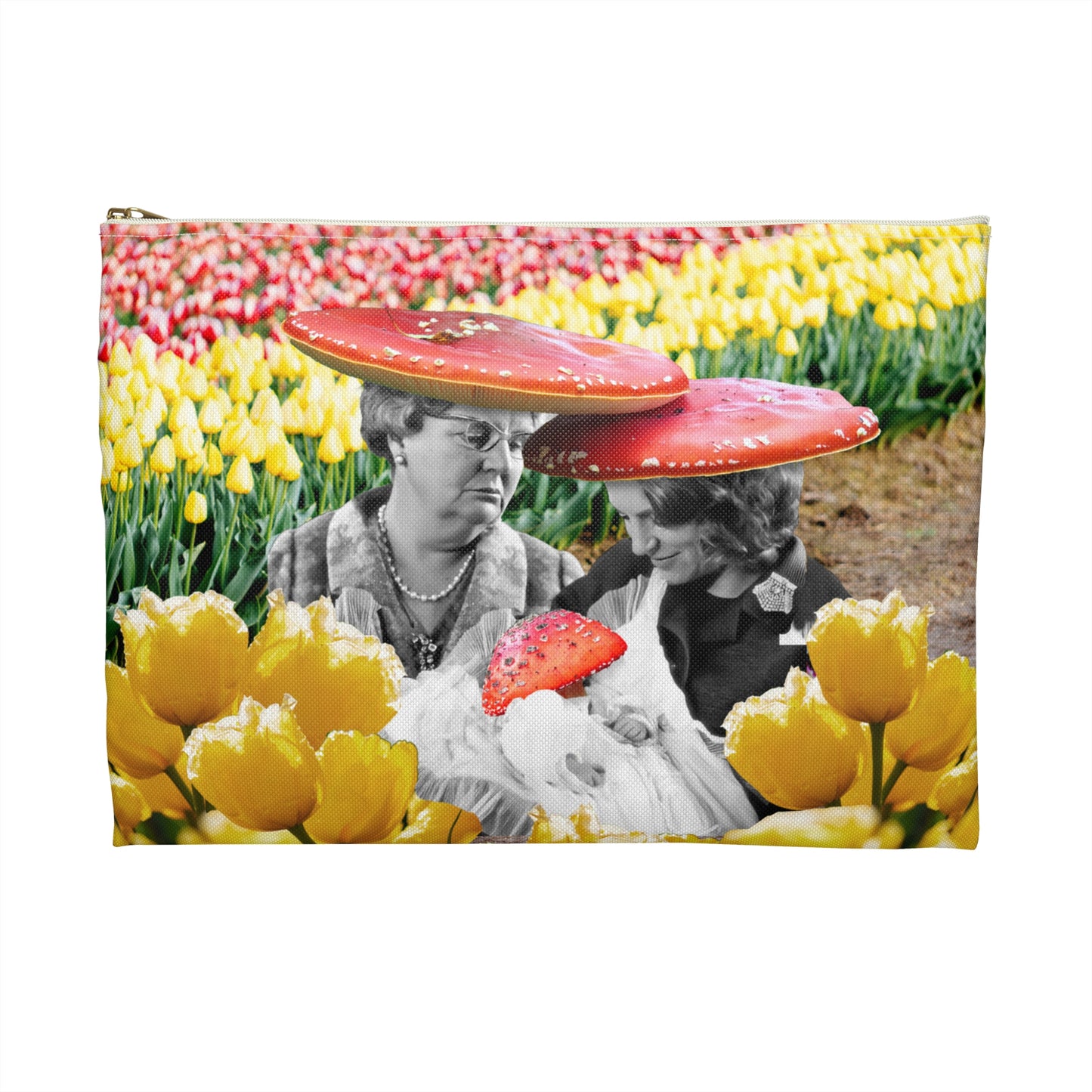 Happy Mushroom Family Accessory Pouch - Surreal Collage Art "Nana's Little Mushroom" in a Field of Tulips