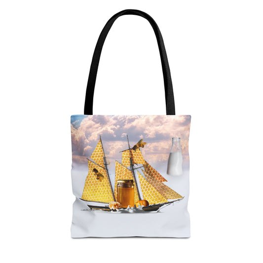 Tote Bag, Bees at Sea on Honeycomb Ship 'Milk & Honey' Surreal Whimsical Collage Art
