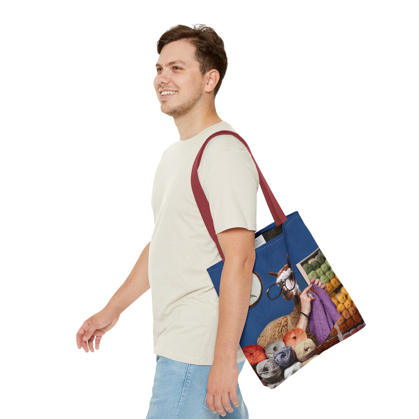 Whimsical Funky Llama Tote Bag: "Llama Tried" - Wearing Glasses and Knitting in Yarn Shop
