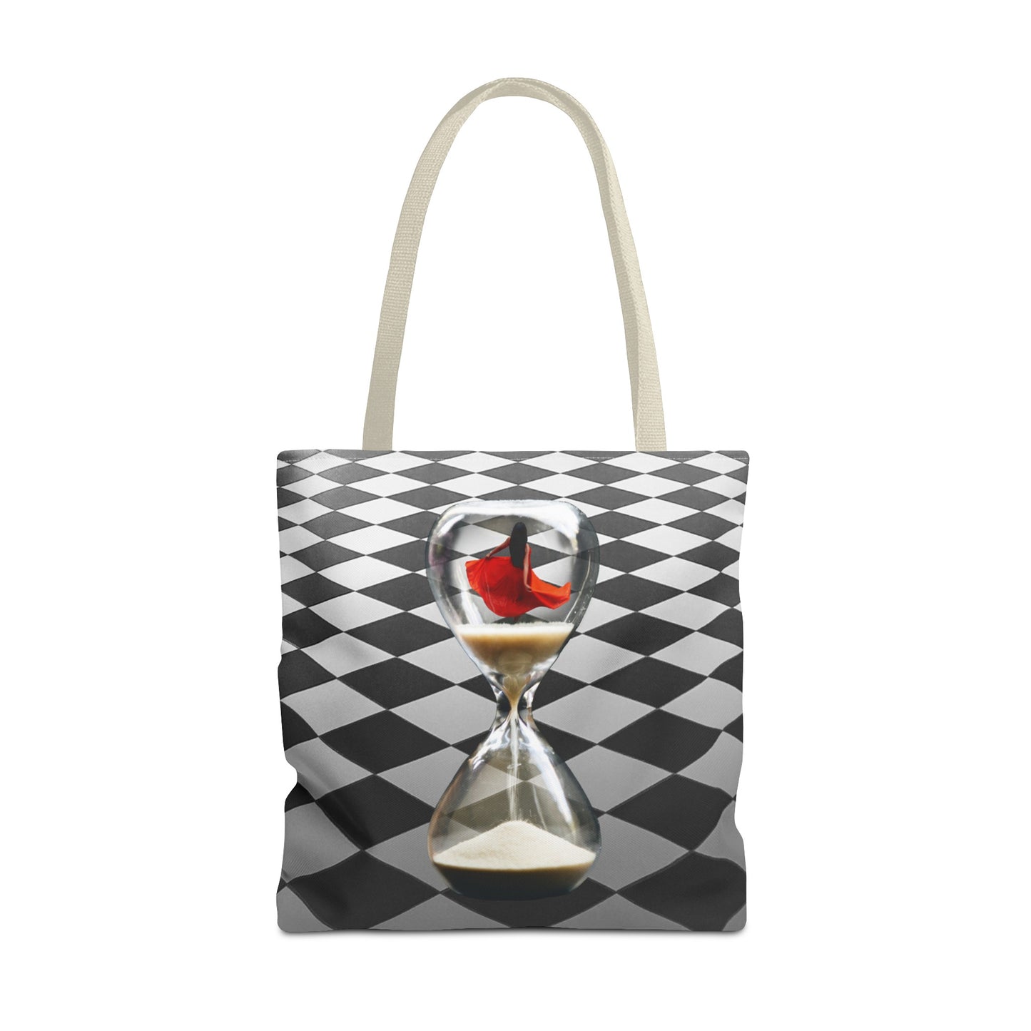 Red Dress Dancer Tote Bag - Surreal Art Checkerboard Design - Dance Through Life