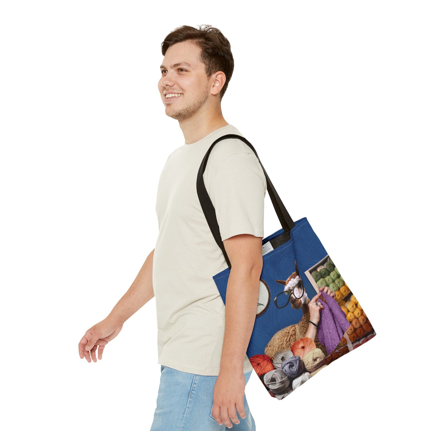 Whimsical Funky Llama Tote Bag: "Llama Tried" - Wearing Glasses and Knitting in Yarn Shop