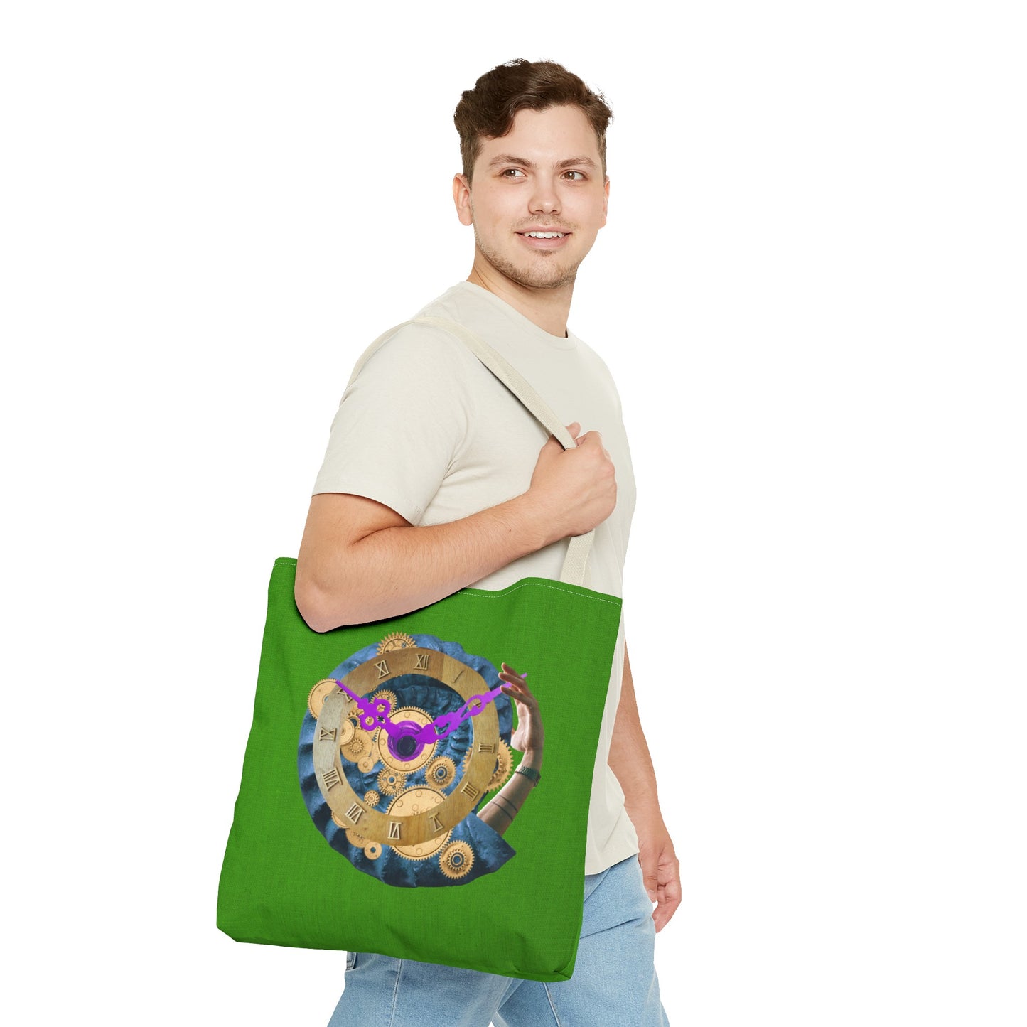 Steampunk Clock Tote Bag with Surreal Ammonite Art Print - Departure Time