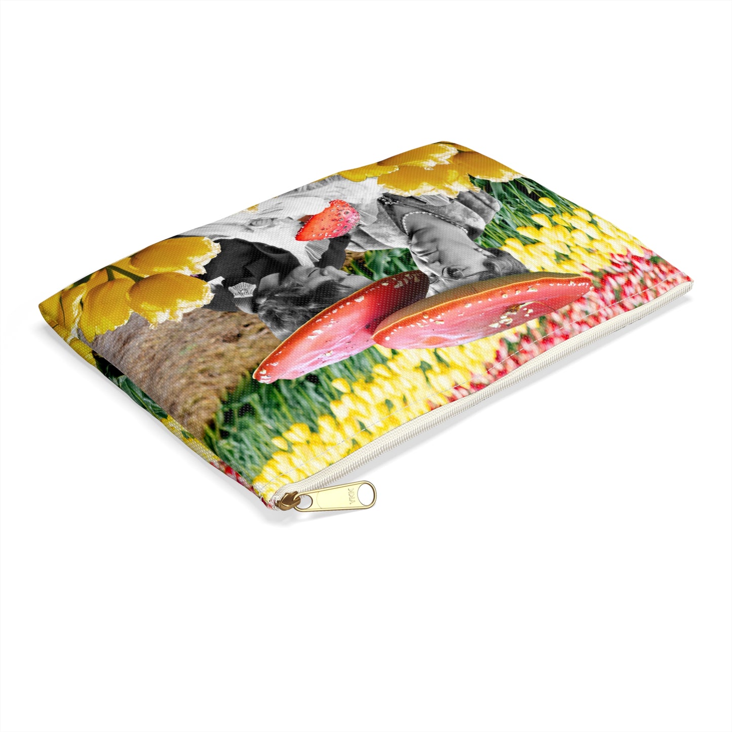 Happy Mushroom Family Accessory Pouch - Surreal Collage Art "Nana's Little Mushroom" in a Field of Tulips