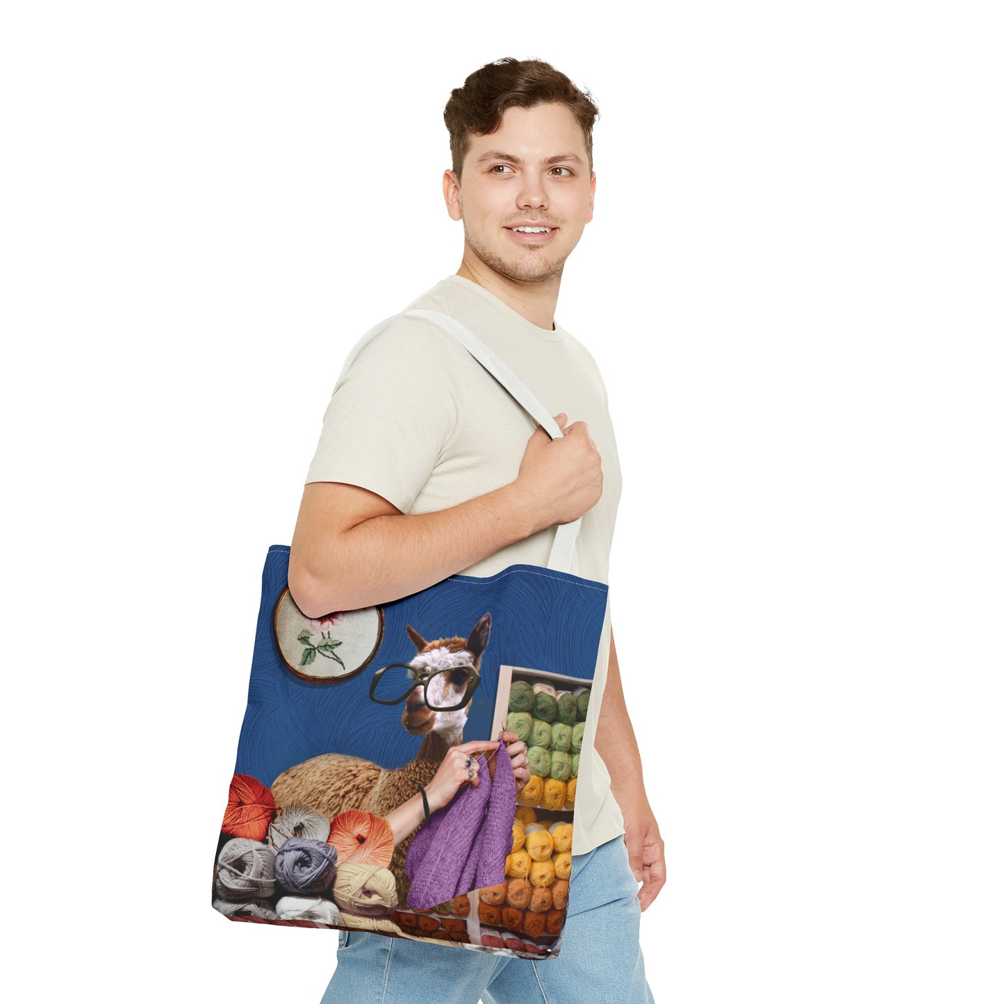 Whimsical Funky Llama Tote Bag: "Llama Tried" - Wearing Glasses and Knitting in Yarn Shop