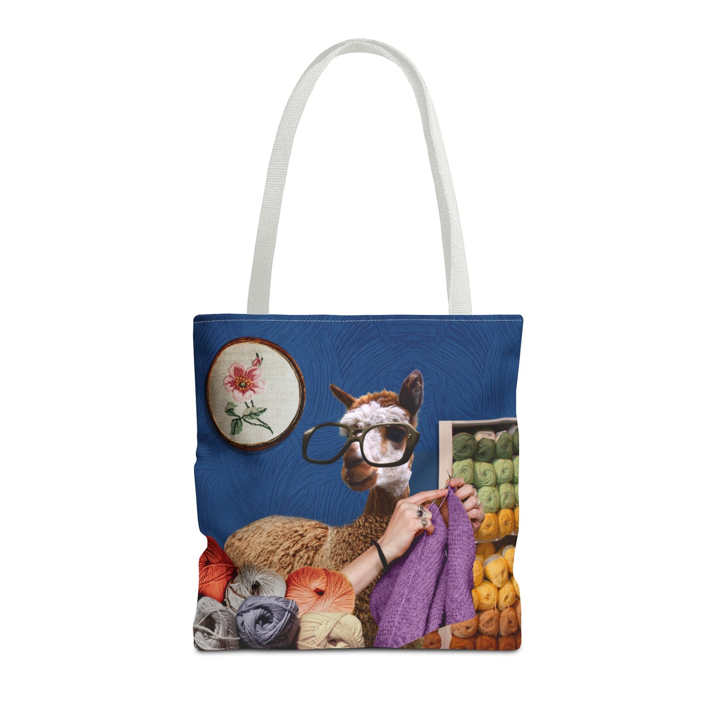 Whimsical Funky Llama Tote Bag: "Llama Tried" - Wearing Glasses and Knitting in Yarn Shop