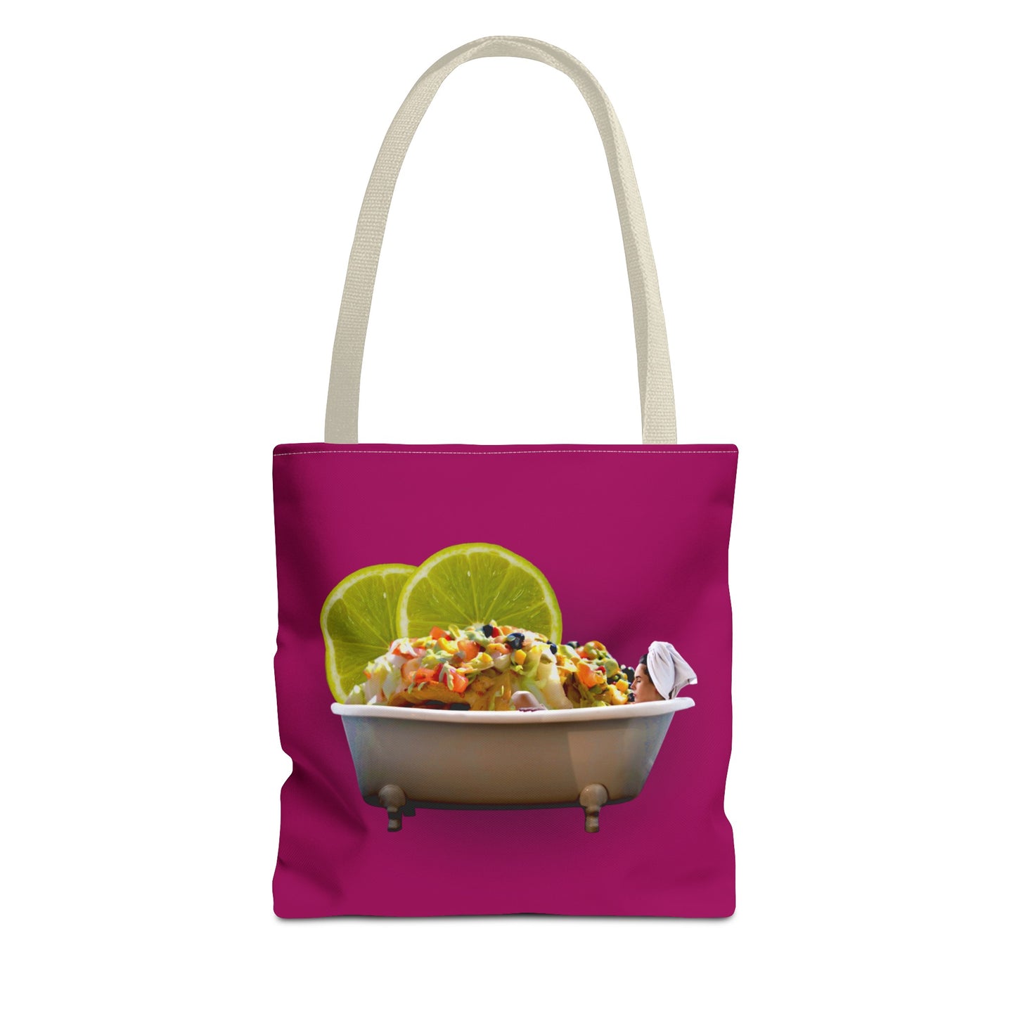 Food Lover's Delight: Woman Soaking in Bathtub with Burrito Tote Bag
