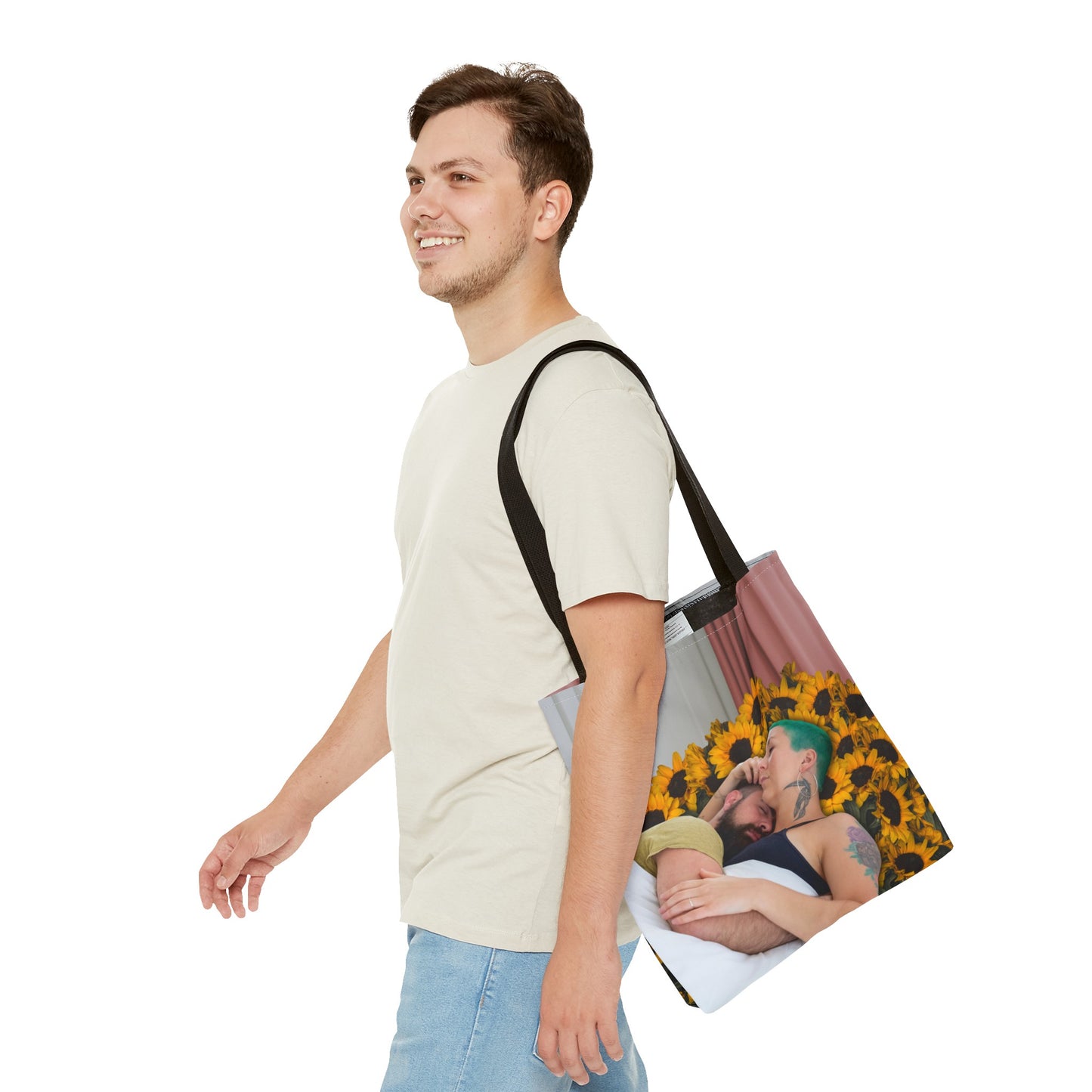 Tranquil Sunflowers Around Cuddling Couple Tote Bag Surreal Art - Loving Design "Sunflowers In Your Room"