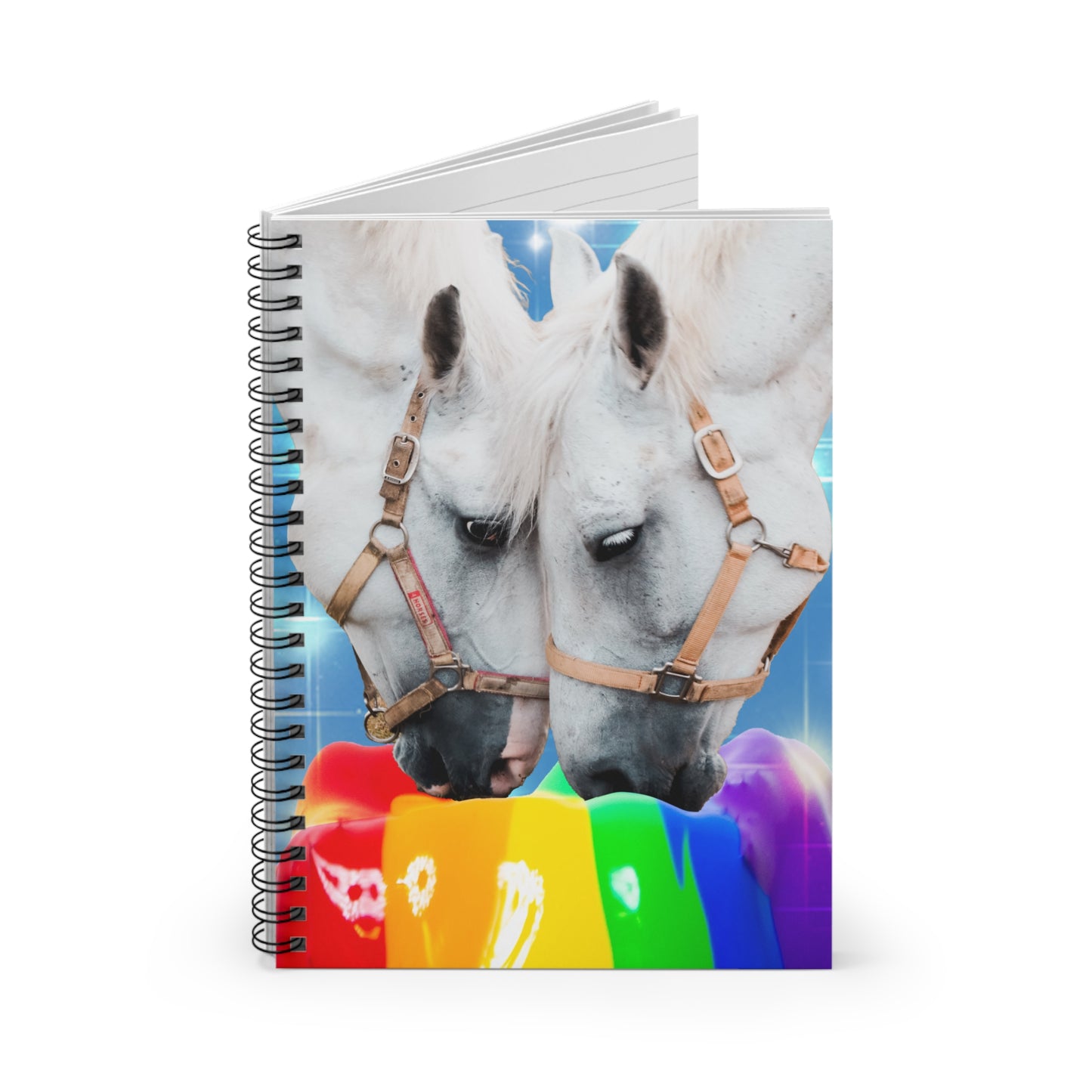 Surreal Collage Art Spiral Notebook - 'Pooping Rainbows' White Horses in Starry Sparkle