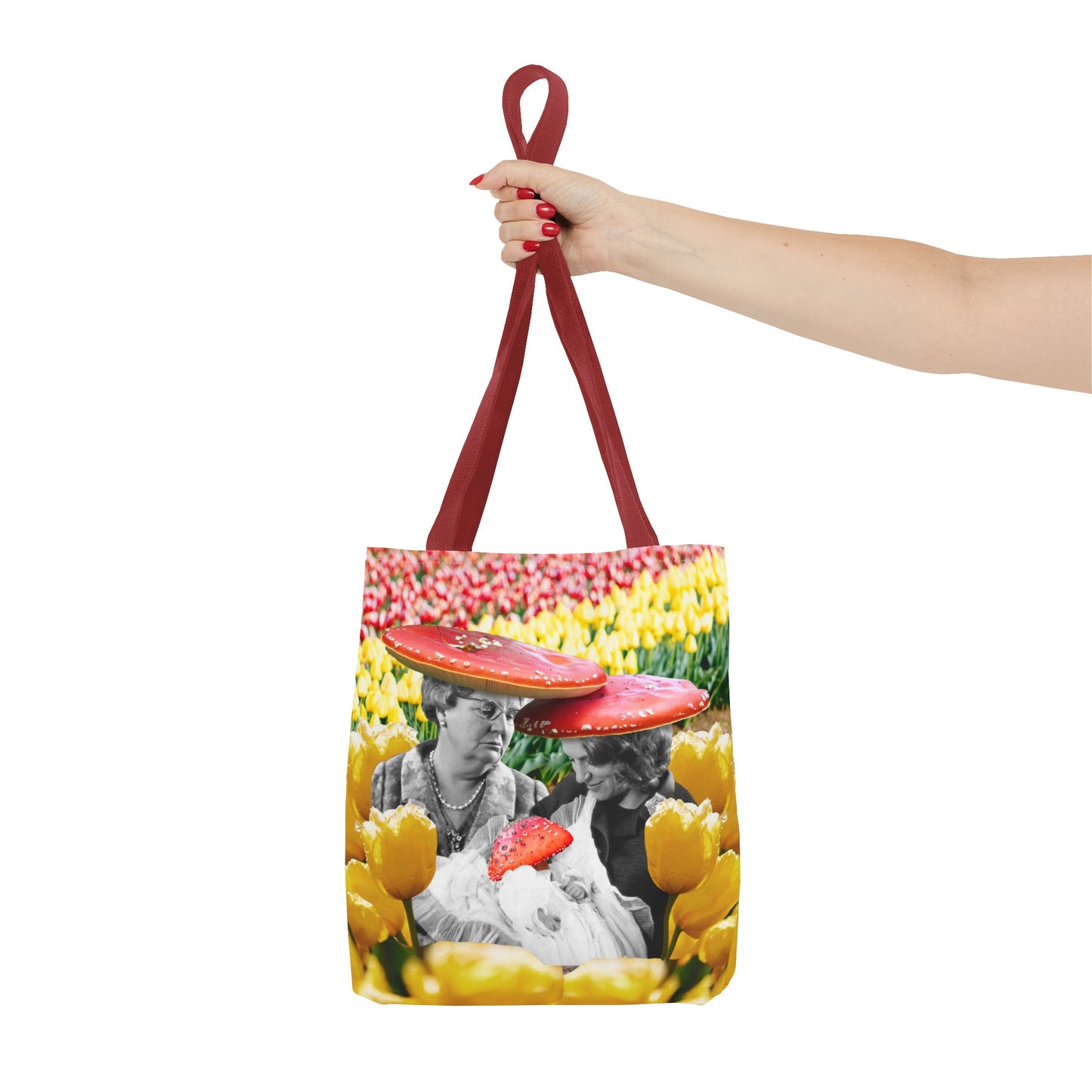 Happy Mushroom Family All Over Print Tote Bag - Surreal Collage Art "Nana's Little Mushroom" in a Field of Tulips