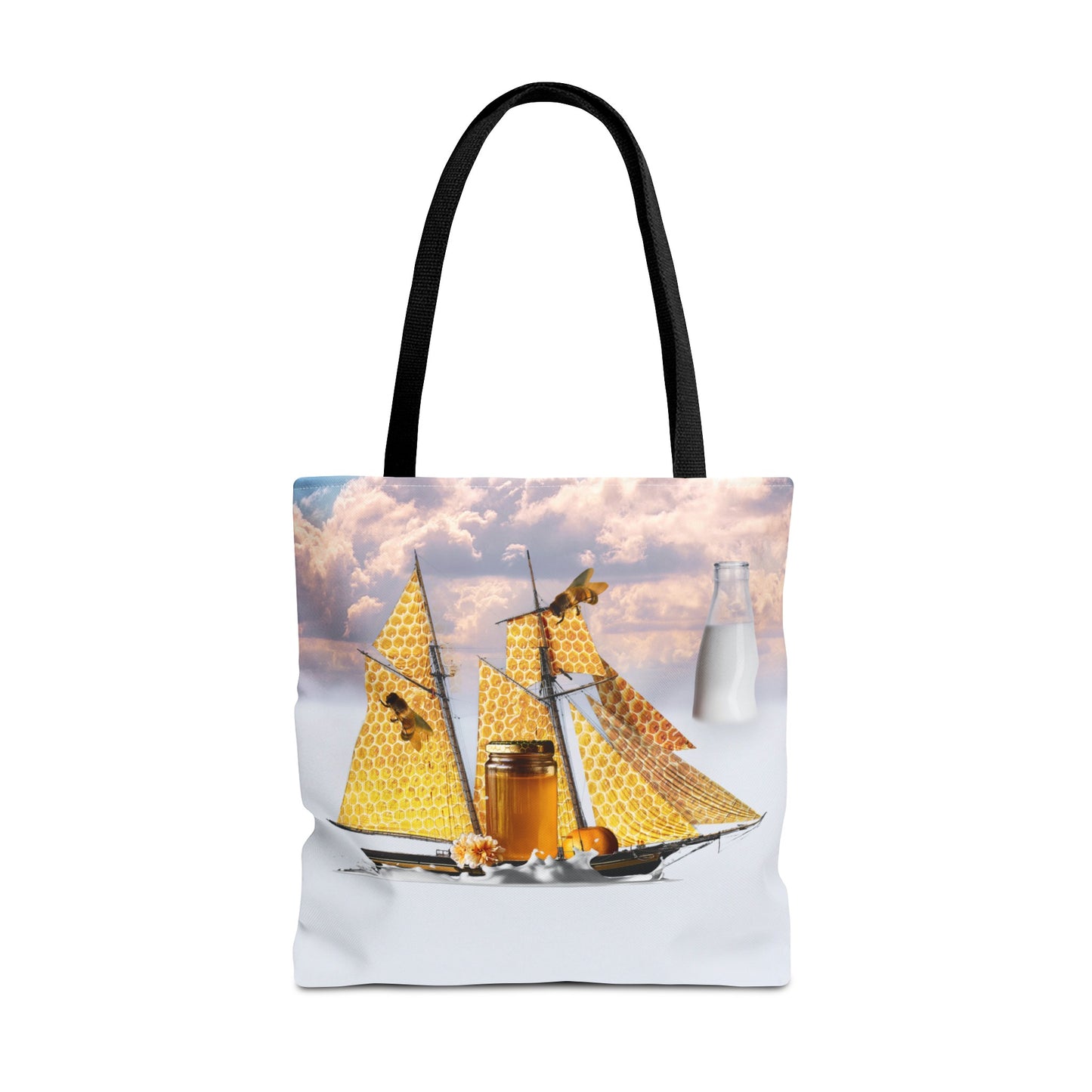 Tote Bag, Bees at Sea on Honeycomb Ship 'Milk & Honey' Surreal Whimsical Collage Art