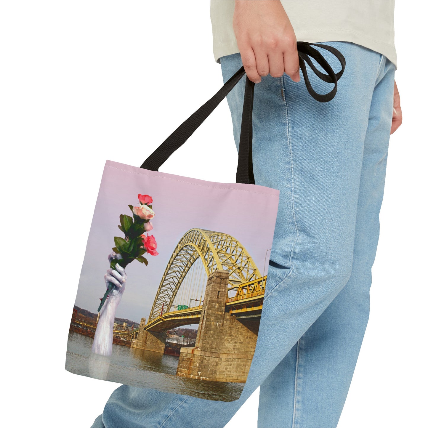 Romantic Tote Bag for Valentine's and Long-Distance Lovers: A Bridge Too Far Design with Flowers