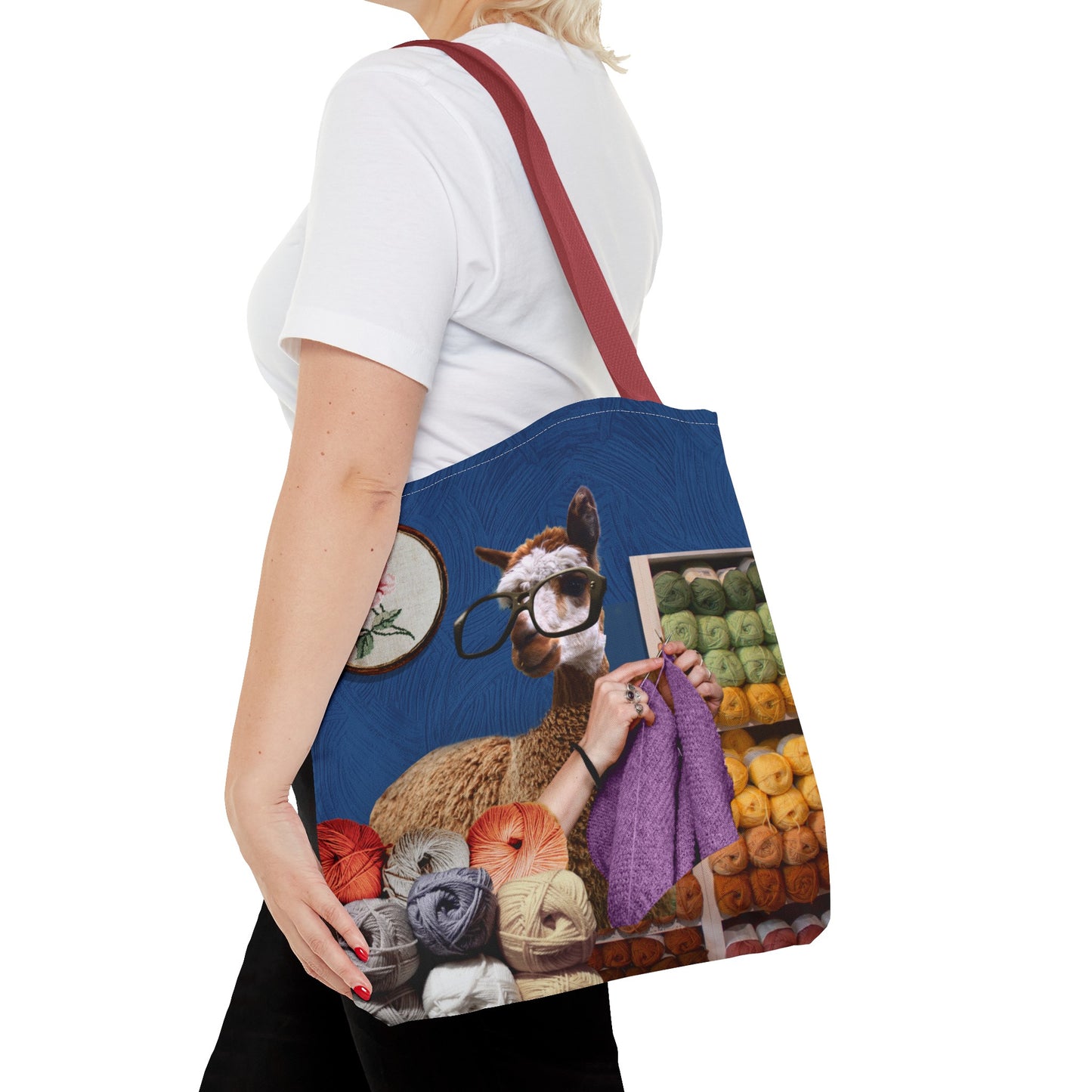 Whimsical Funky Llama Tote Bag: "Llama Tried" - Wearing Glasses and Knitting in Yarn Shop