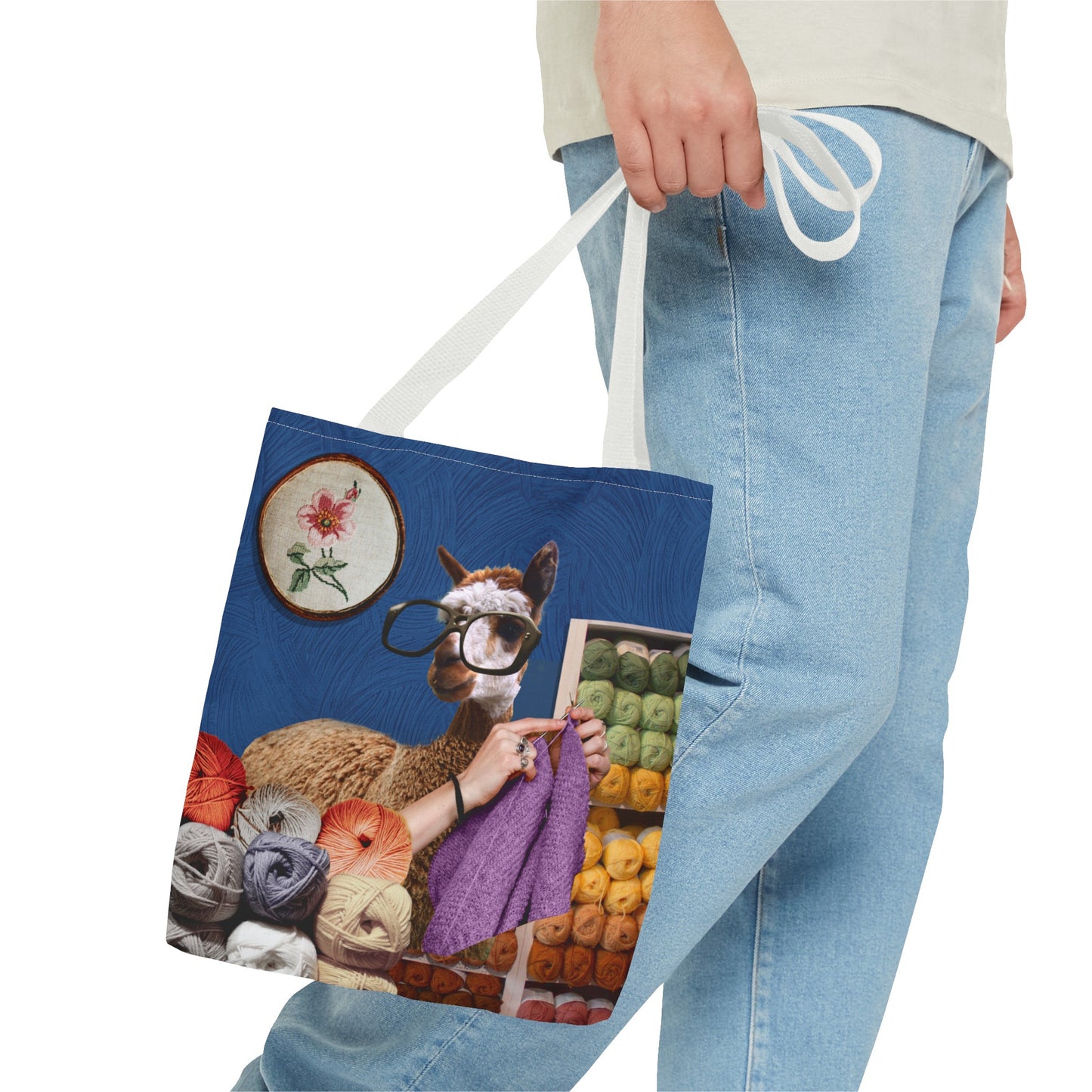 Whimsical Funky Llama Tote Bag: "Llama Tried" - Wearing Glasses and Knitting in Yarn Shop