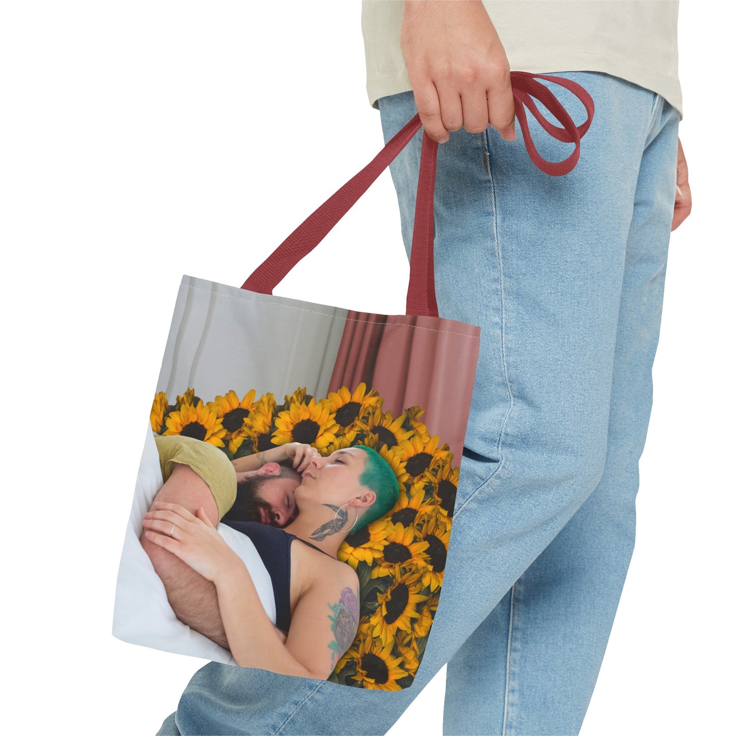 Tranquil Sunflowers Around Cuddling Couple Tote Bag Surreal Art - Loving Design "Sunflowers In Your Room"