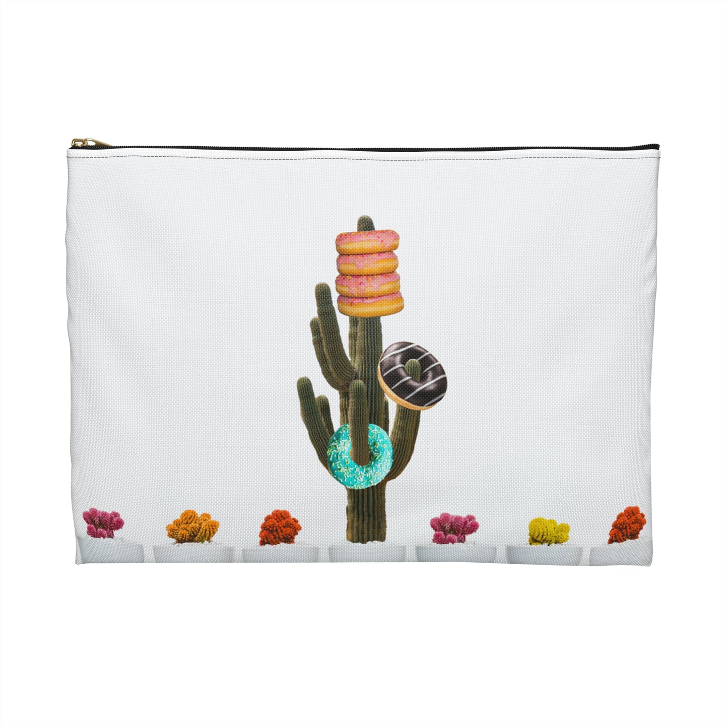 Unique Accessory Pouch Featuring 'Giving Tree' Collage Art with Colorful Donut Cactus Design