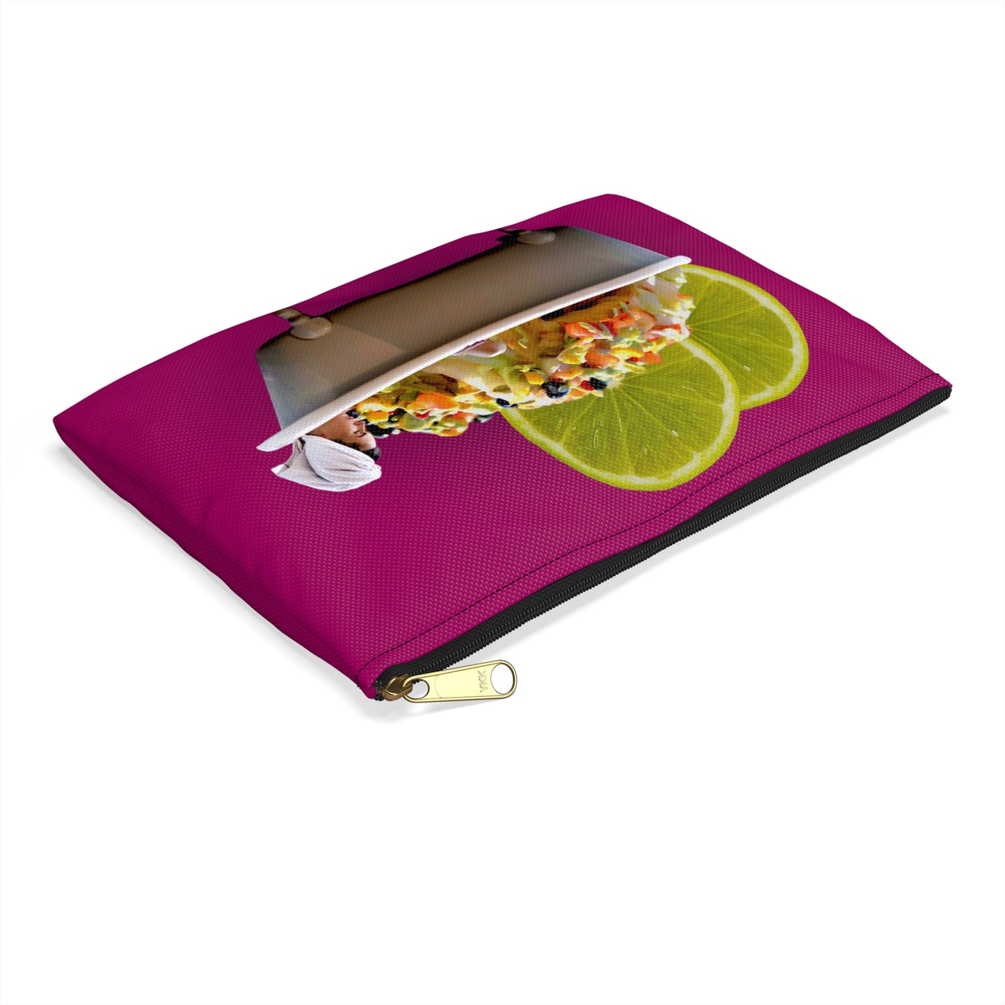 Food Lover's Delight Accessory Pouch - Woman Soaking in Bathtub with Burrito and Lime Wedges
