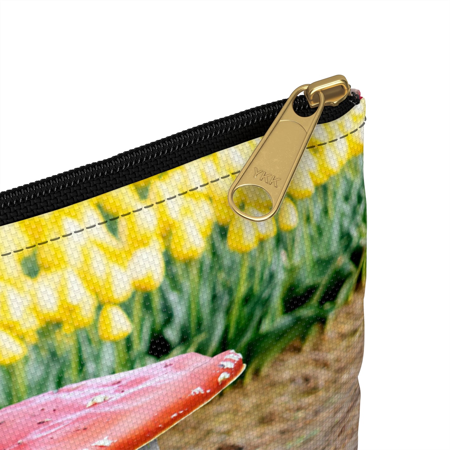 Happy Mushroom Family Accessory Pouch - Surreal Collage Art "Nana's Little Mushroom" in a Field of Tulips
