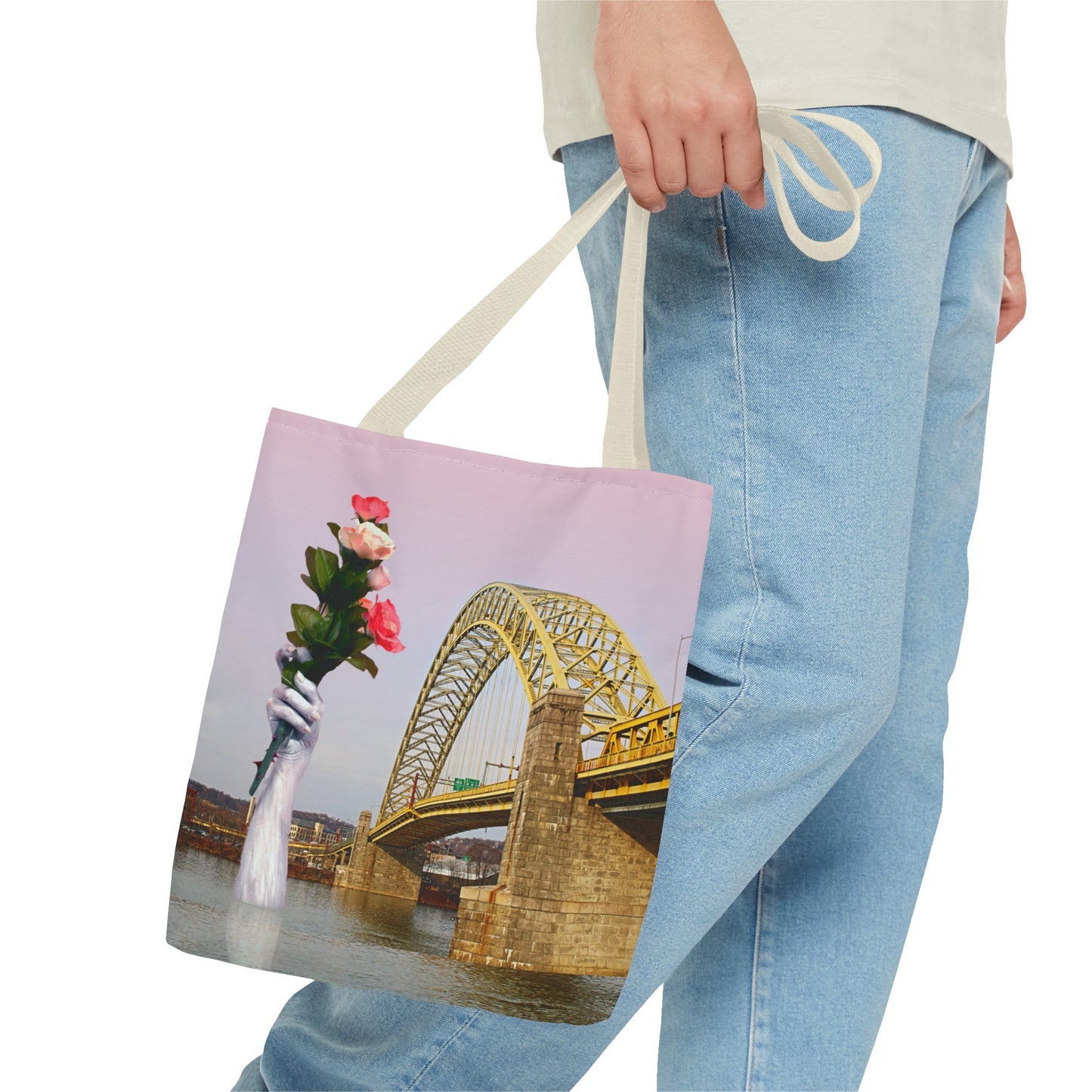 Romantic Tote Bag for Valentine's and Long-Distance Lovers: A Bridge Too Far Design with Flowers