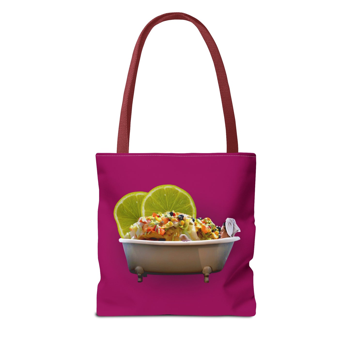 Food Lover's Delight: Woman Soaking in Bathtub with Burrito Tote Bag