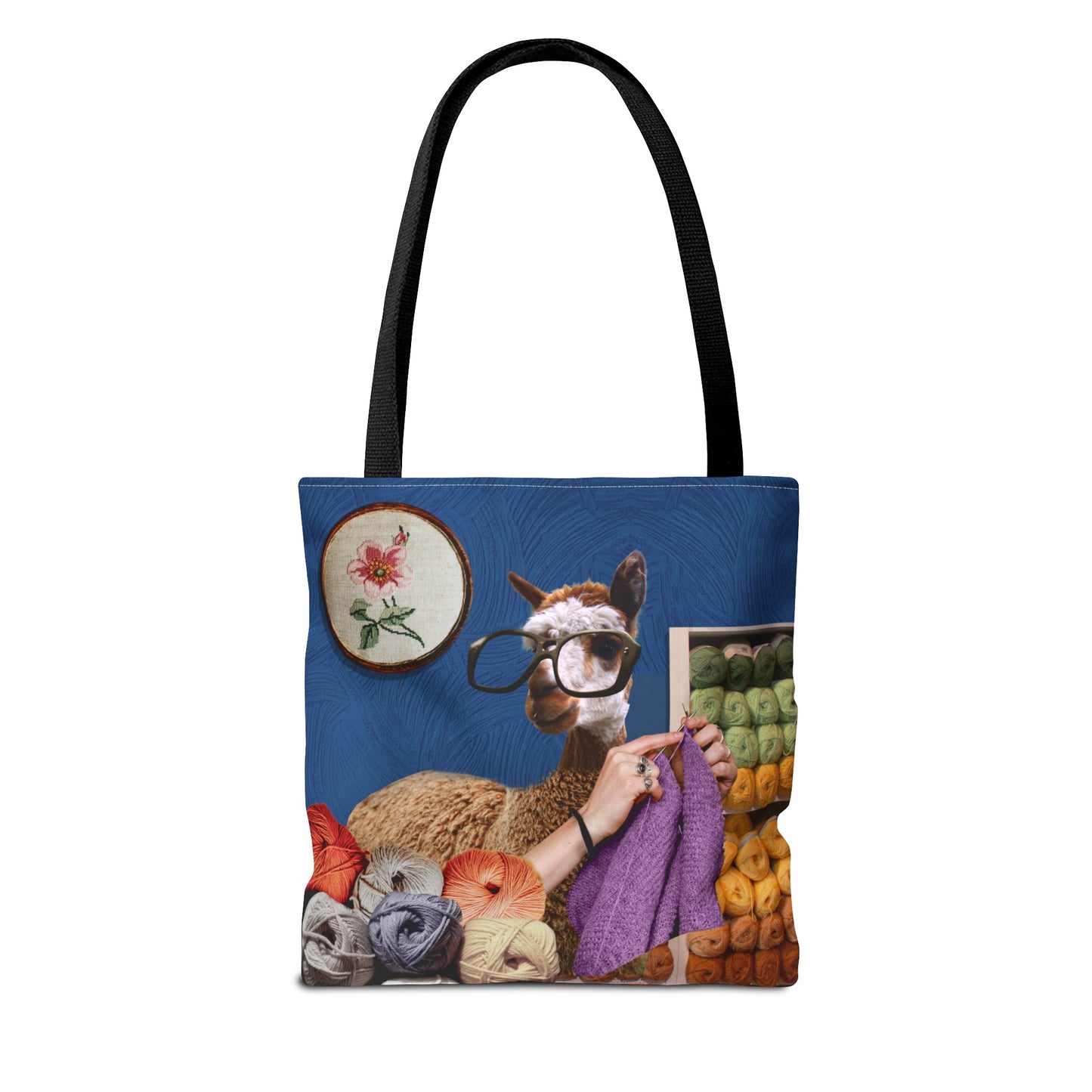 Whimsical Funky Llama Tote Bag: "Llama Tried" - Wearing Glasses and Knitting in Yarn Shop