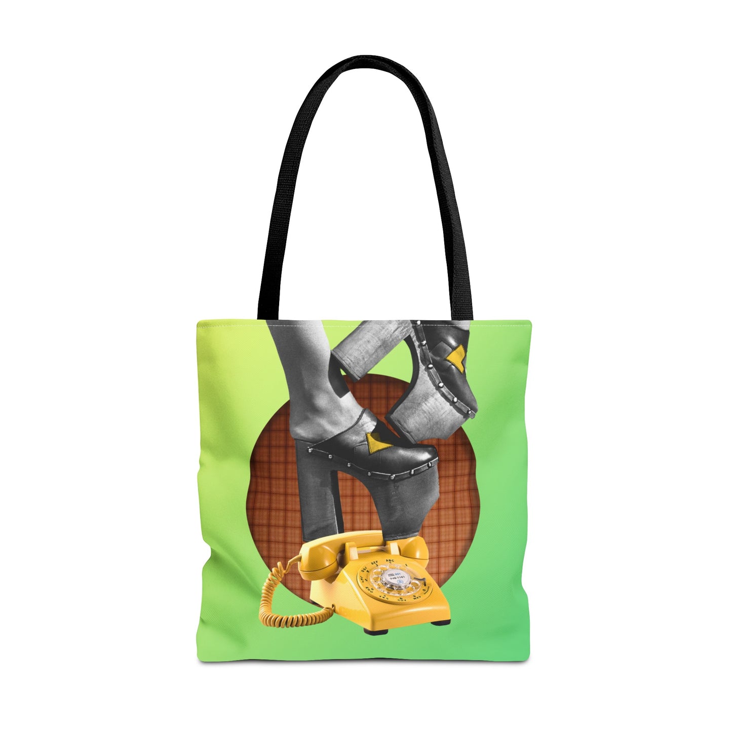 Playful Tote Bag with Collage Art "Hold My Calls" - 70's Platform Shoes and Yellow Rotary Phone