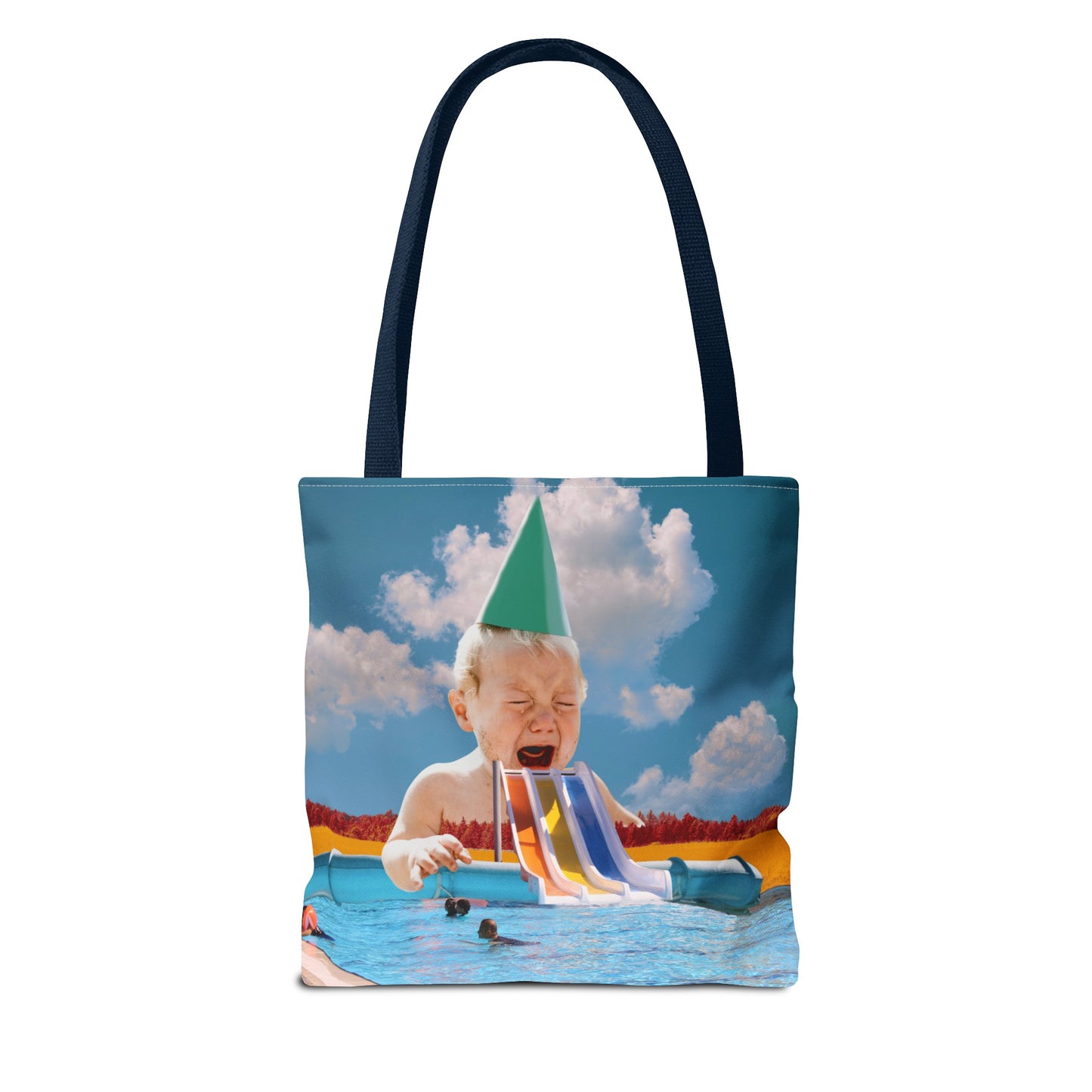 Vibrant Pool Party Beach Tote Bag - Surreal Art Print - Giant Baby and Colorful Pool Slide