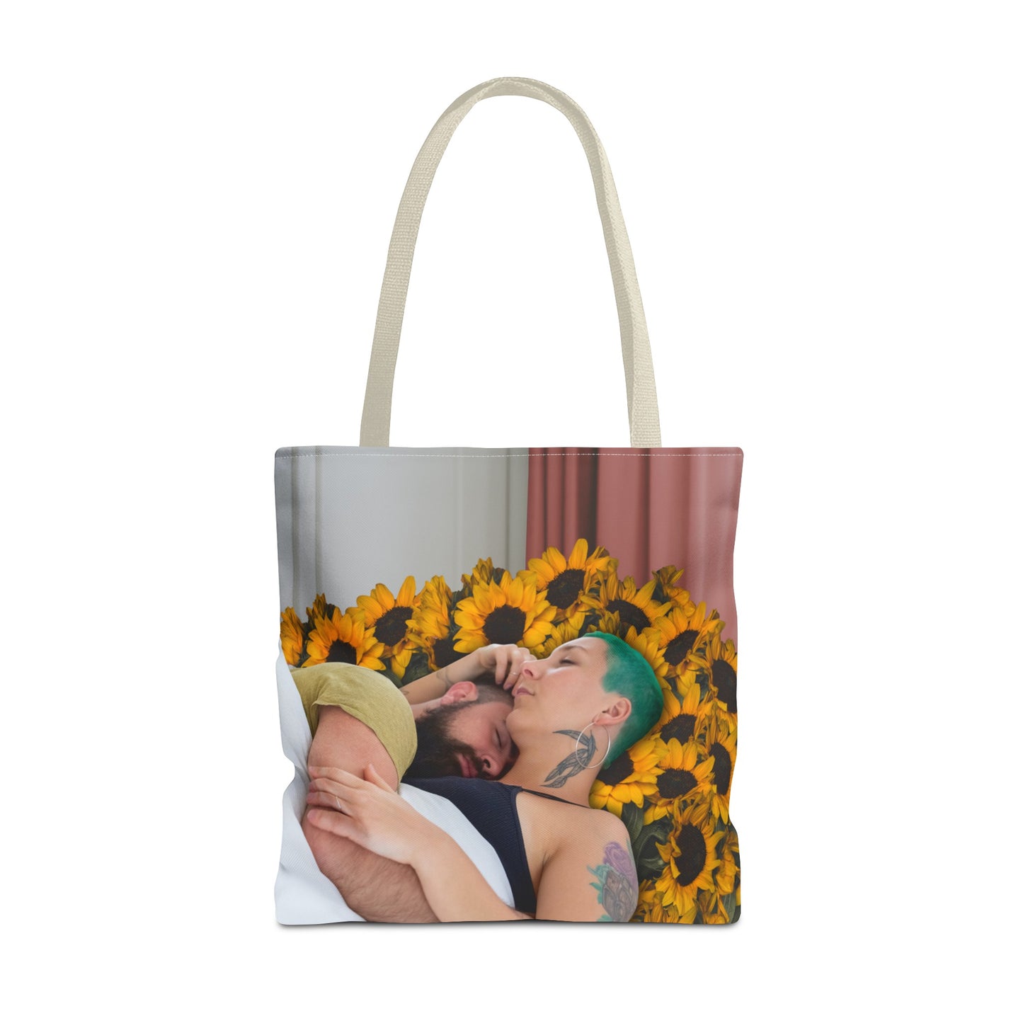 Tranquil Sunflowers Around Cuddling Couple Tote Bag Surreal Art - Loving Design "Sunflowers In Your Room"