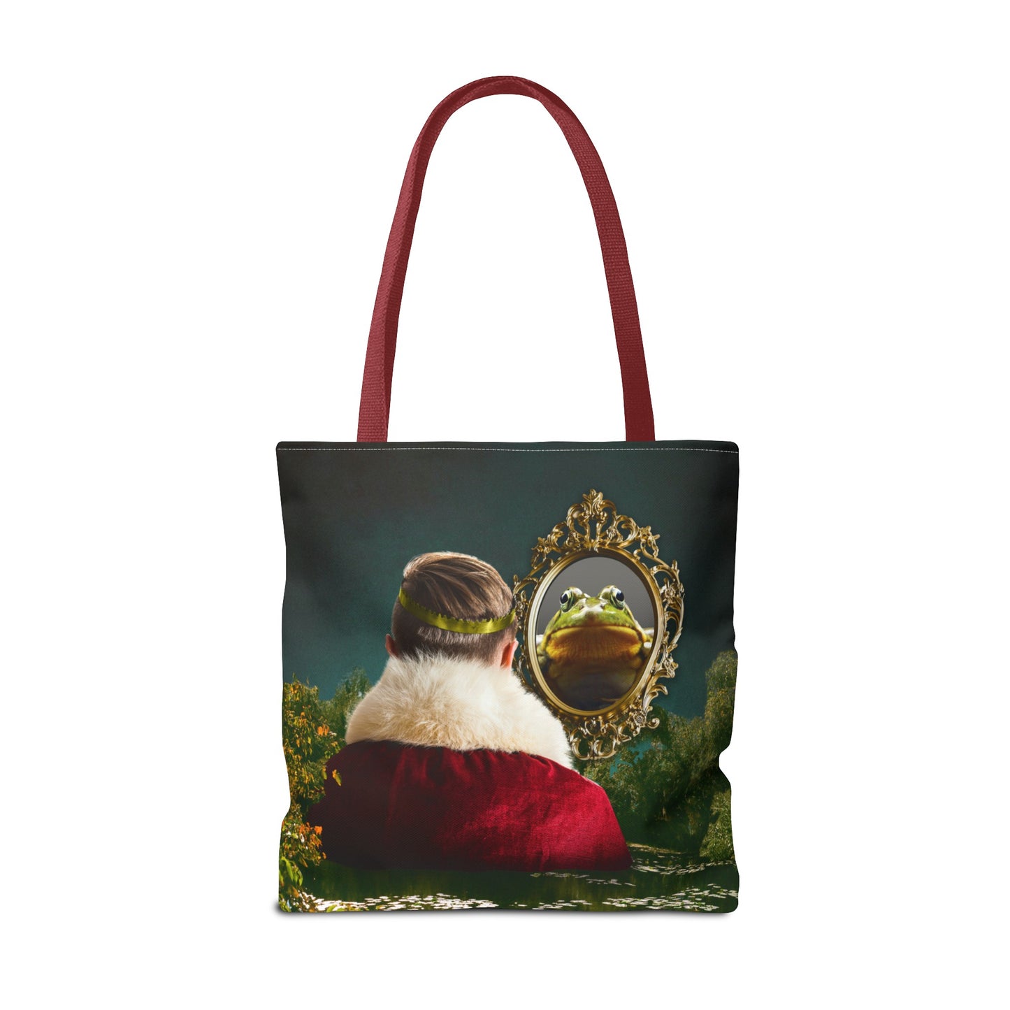 Frog Prince Reflection Tote Bag - Mystic Wetlands Collage Art Print