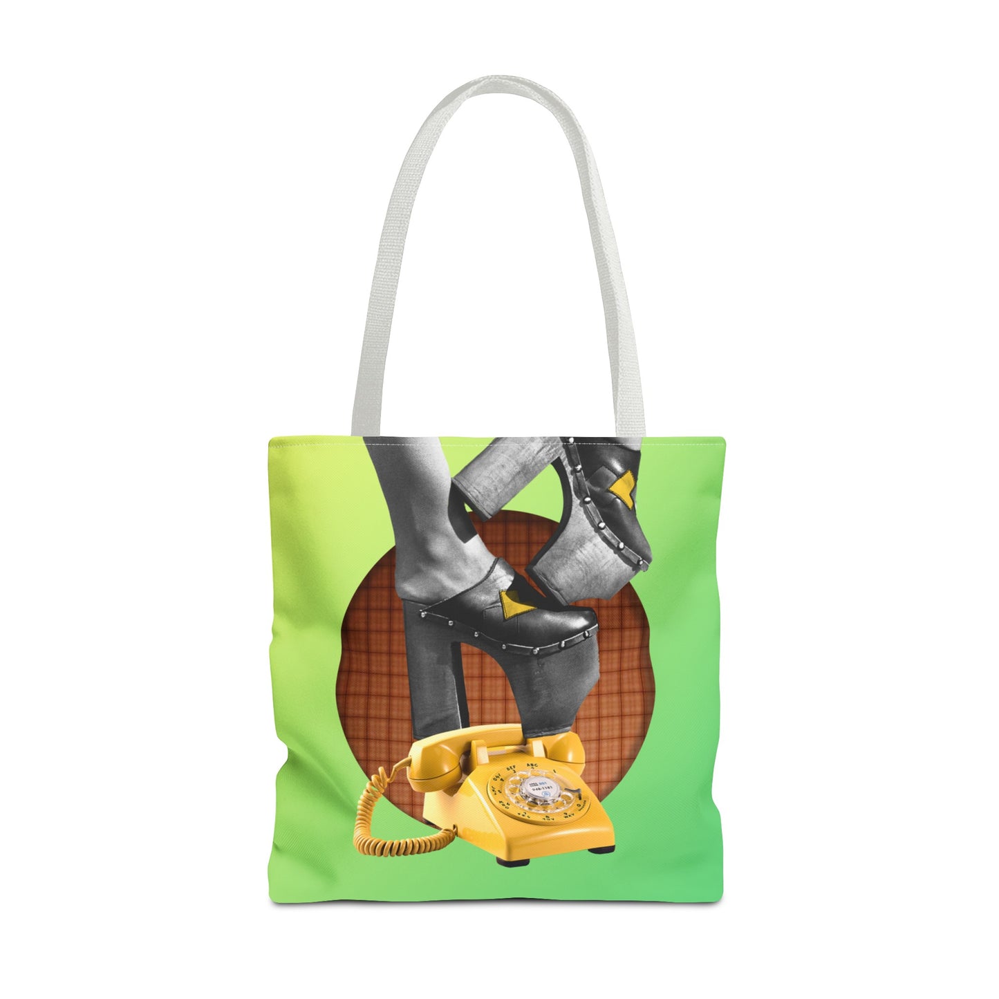 Playful Tote Bag with Collage Art "Hold My Calls" - 70's Platform Shoes and Yellow Rotary Phone