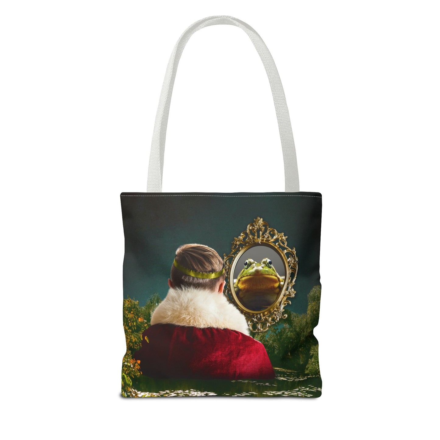 Frog Prince Reflection Tote Bag - Mystic Wetlands Collage Art Print