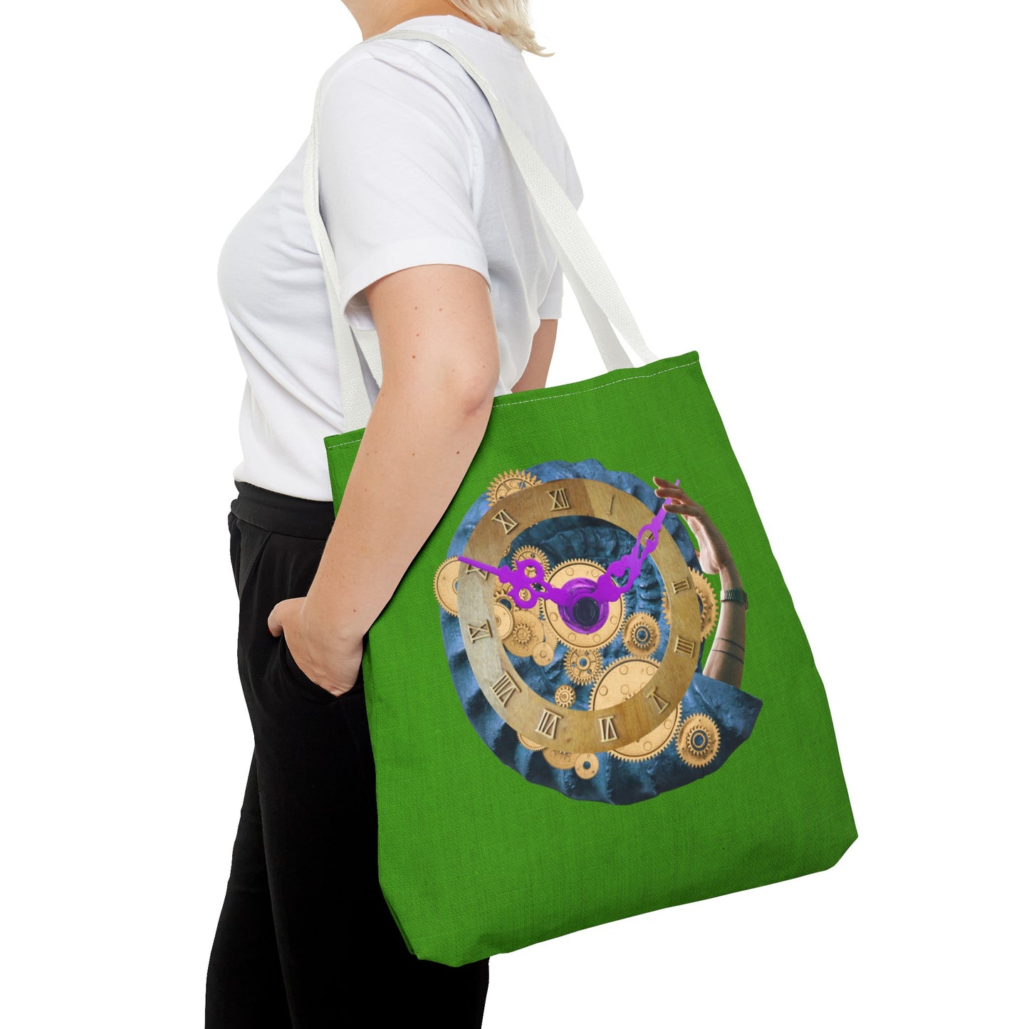 Steampunk Clock Tote Bag with Surreal Ammonite Art Print - Departure Time