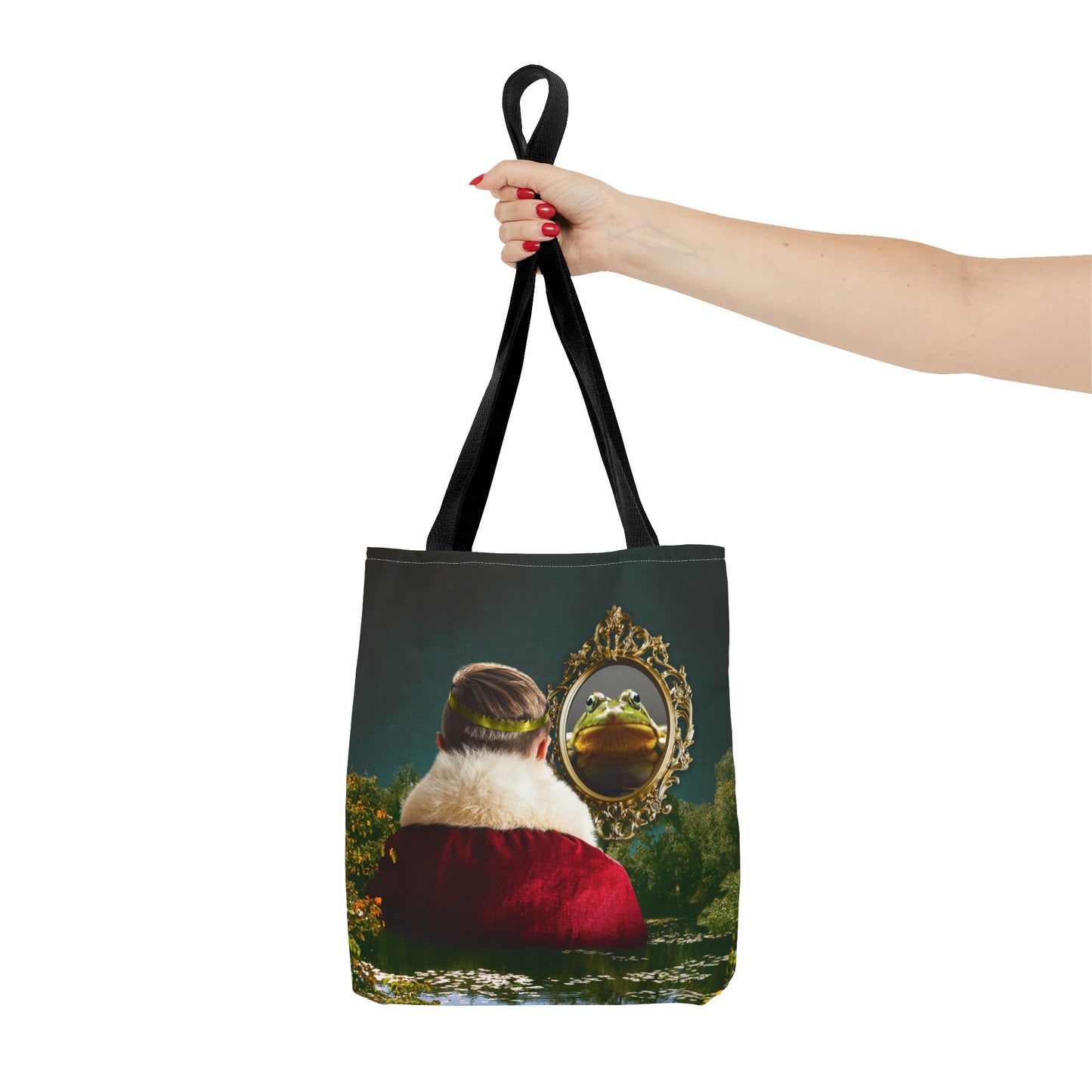 Frog Prince Reflection Tote Bag - Mystic Wetlands Collage Art Print