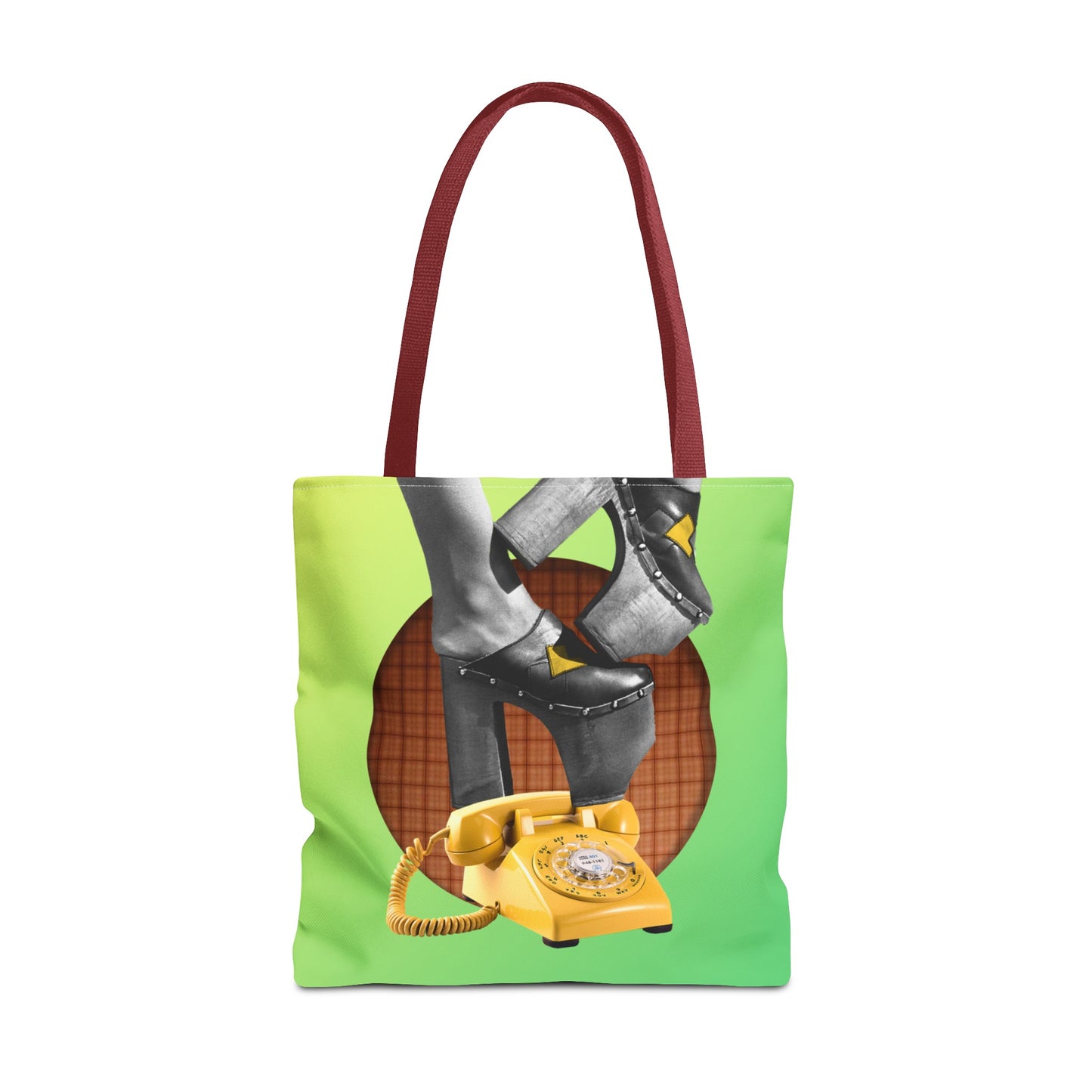 Playful Tote Bag with Collage Art "Hold My Calls" - 70's Platform Shoes and Yellow Rotary Phone