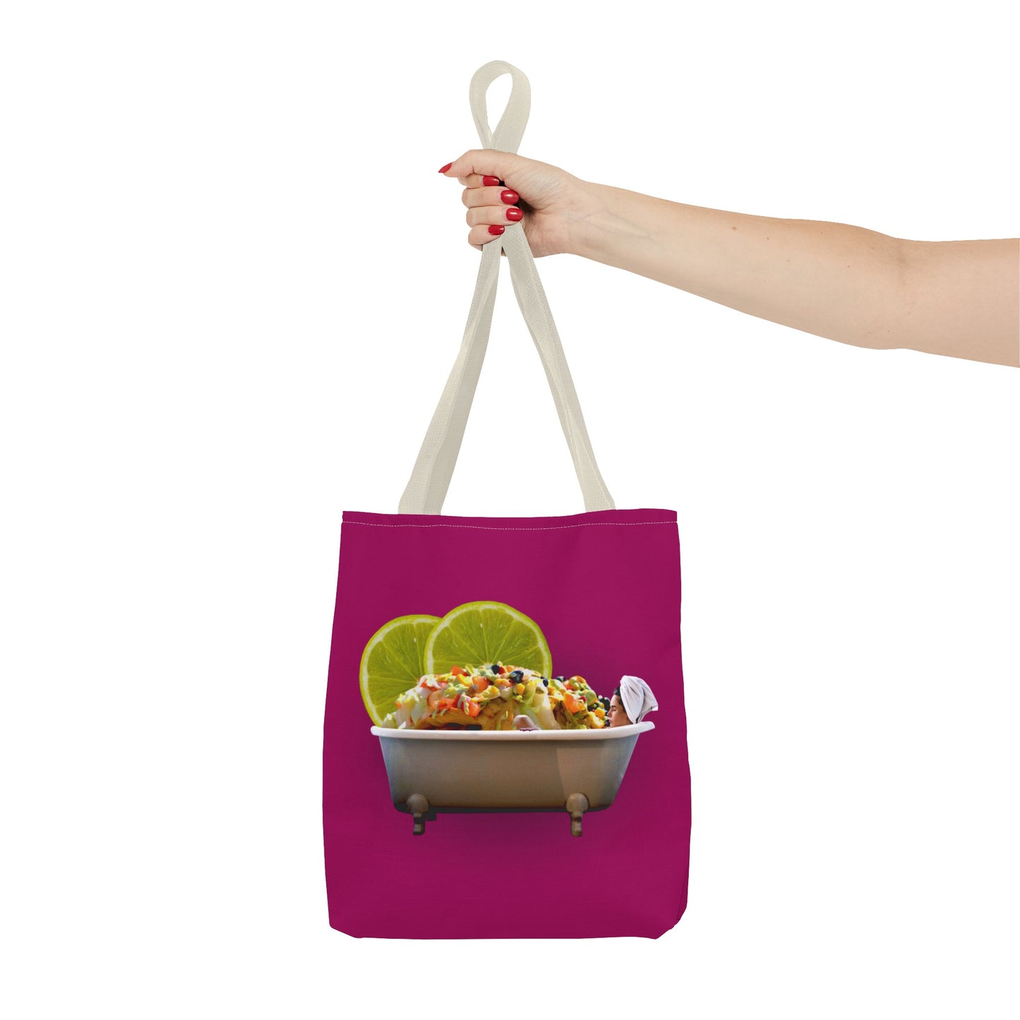 Food Lover's Delight: Woman Soaking in Bathtub with Burrito Tote Bag