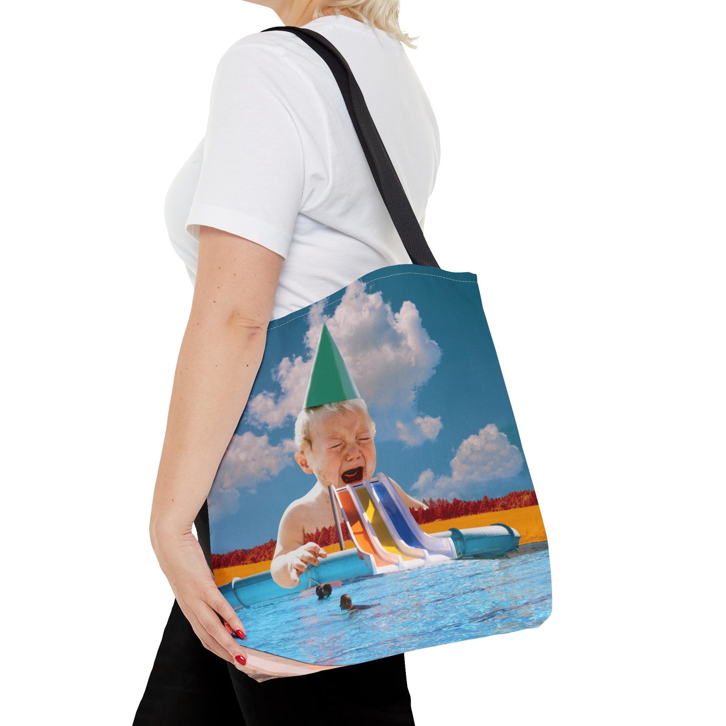 Vibrant Pool Party Beach Tote Bag - Surreal Art Print - Giant Baby and Colorful Pool Slide
