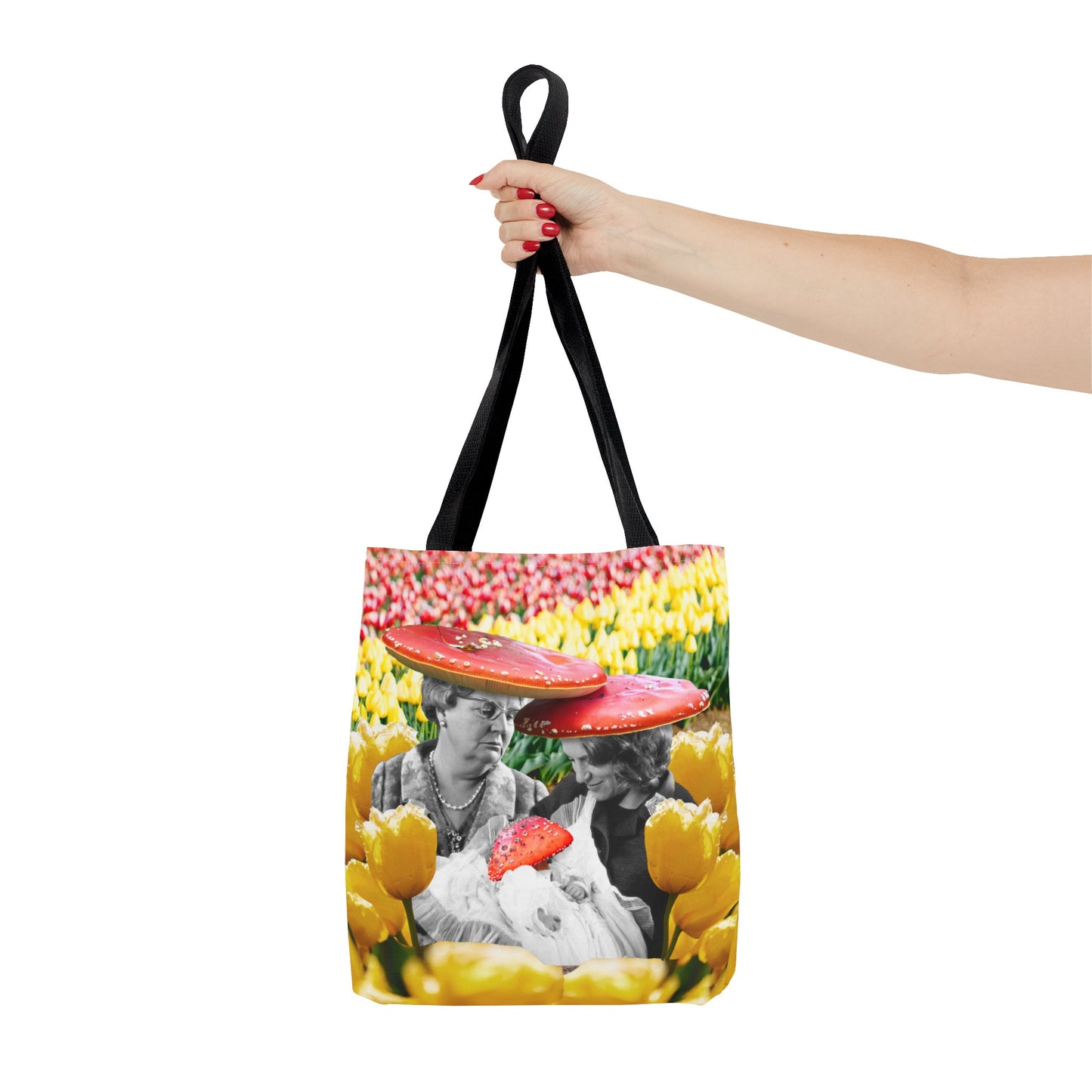 Happy Mushroom Family All Over Print Tote Bag - Surreal Collage Art "Nana's Little Mushroom" in a Field of Tulips