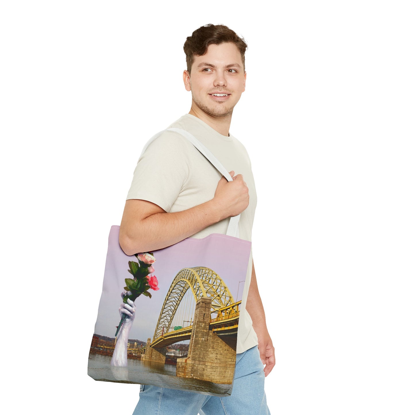 Romantic Tote Bag for Valentine's and Long-Distance Lovers: A Bridge Too Far Design with Flowers