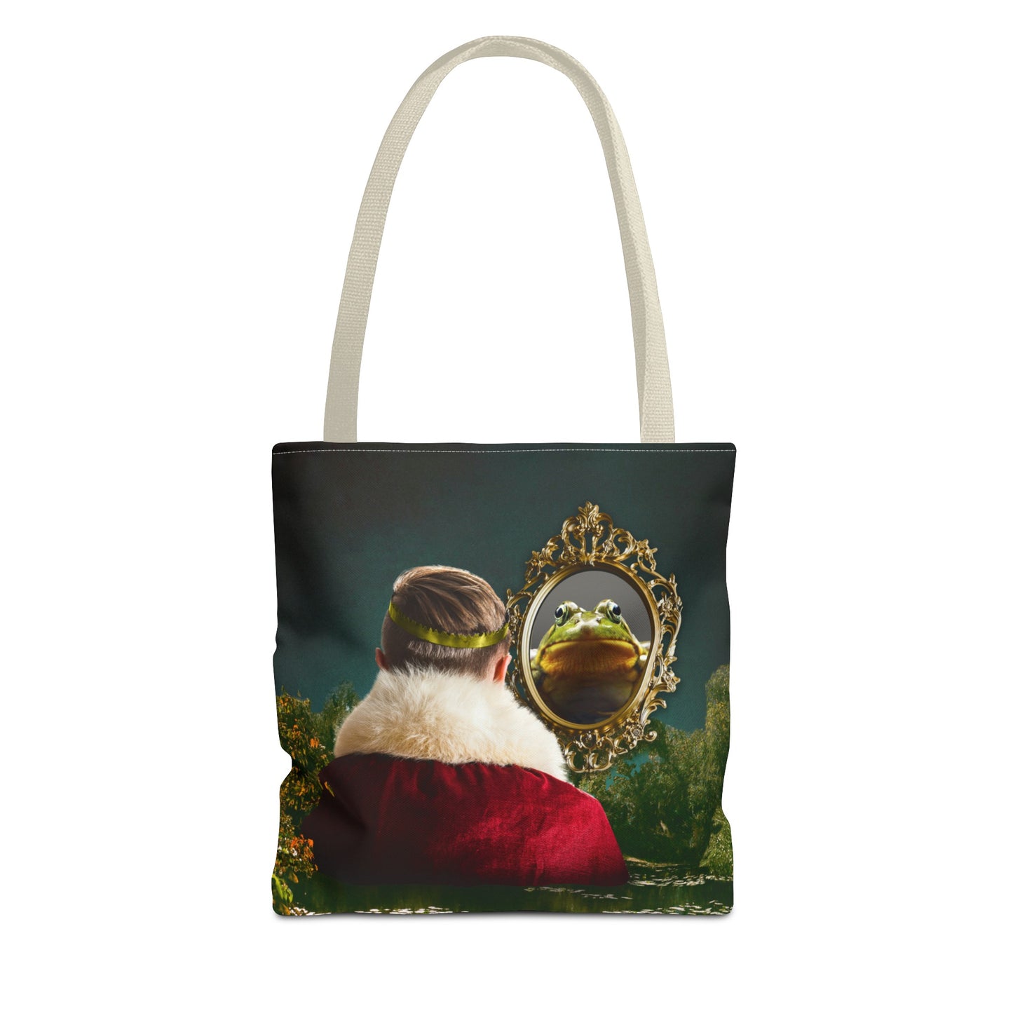 Frog Prince Reflection Tote Bag - Mystic Wetlands Collage Art Print