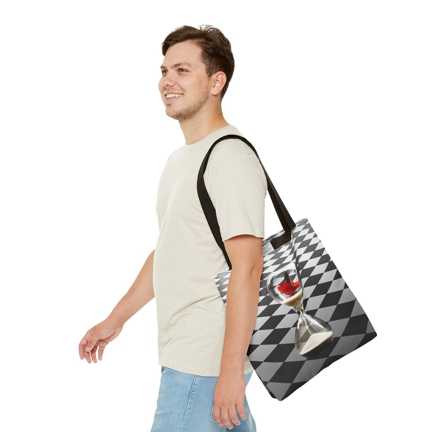 Red Dress Dancer Tote Bag - Surreal Art Checkerboard Design - Dance Through Life