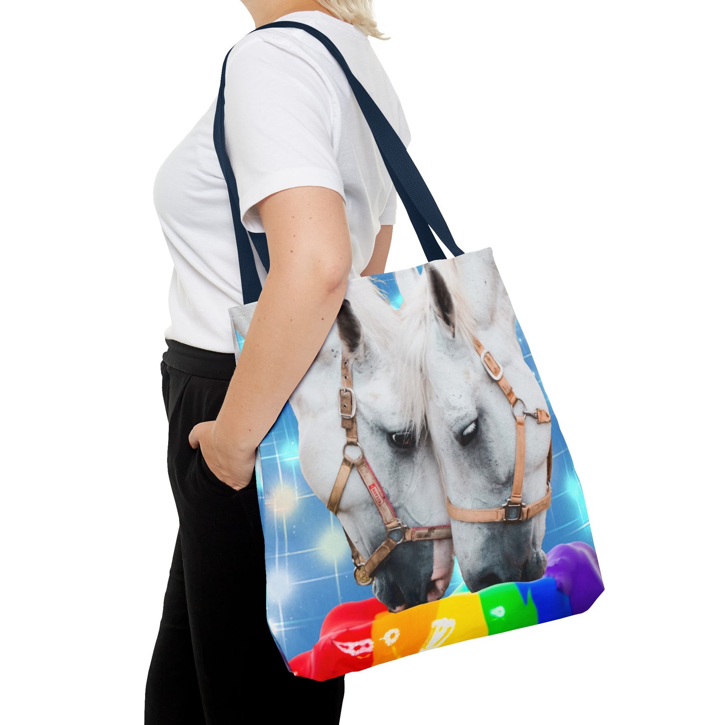 Unique Tote Bag "Pooping Rainbows" Art - White Horses Eating Rainbow Feed