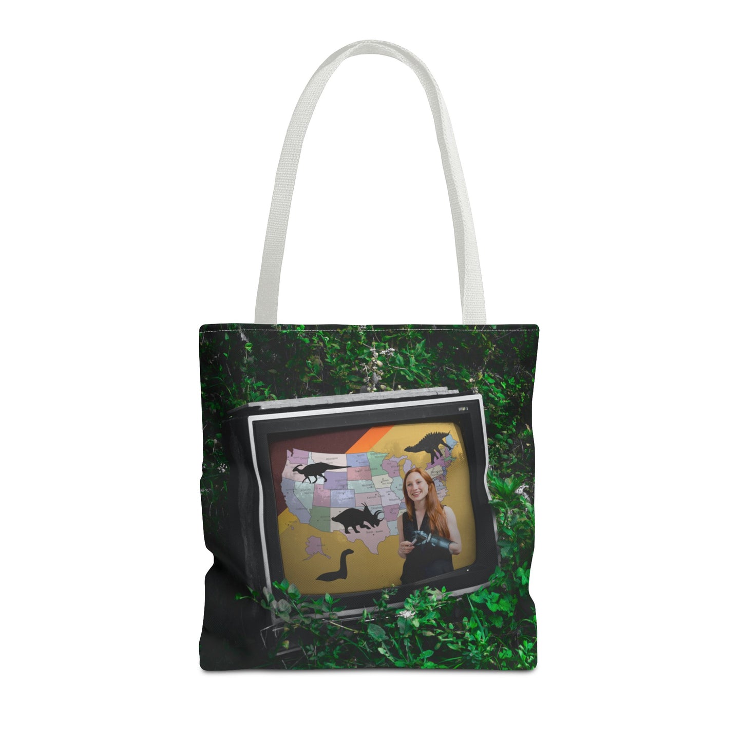 Unique Dystopian TV Scene Tote Bag with Weather Girl & Dinosaurs Map