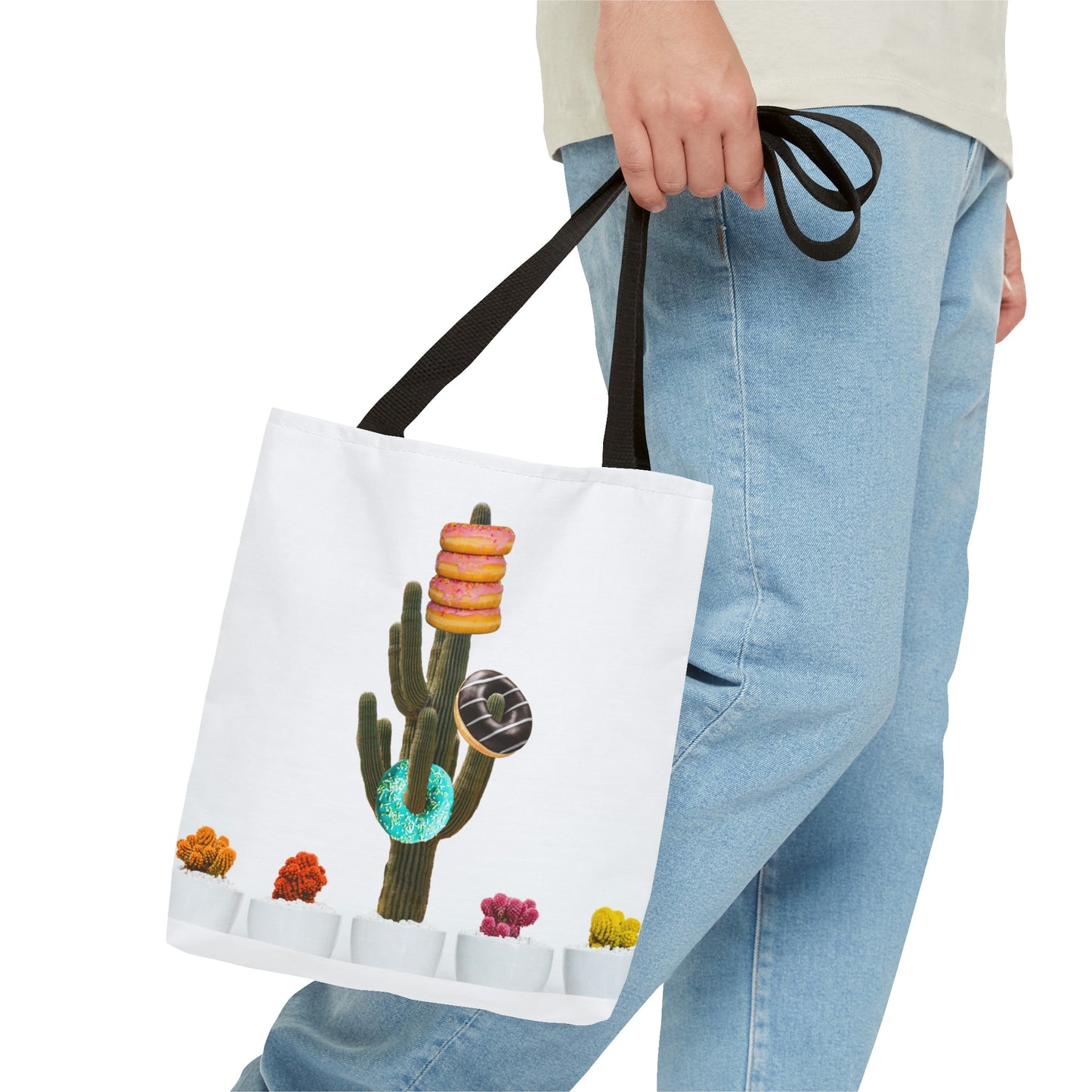 Collage Art Tote Bag featuring 'Giving Tree' & Colorful Donut Cactus Design
