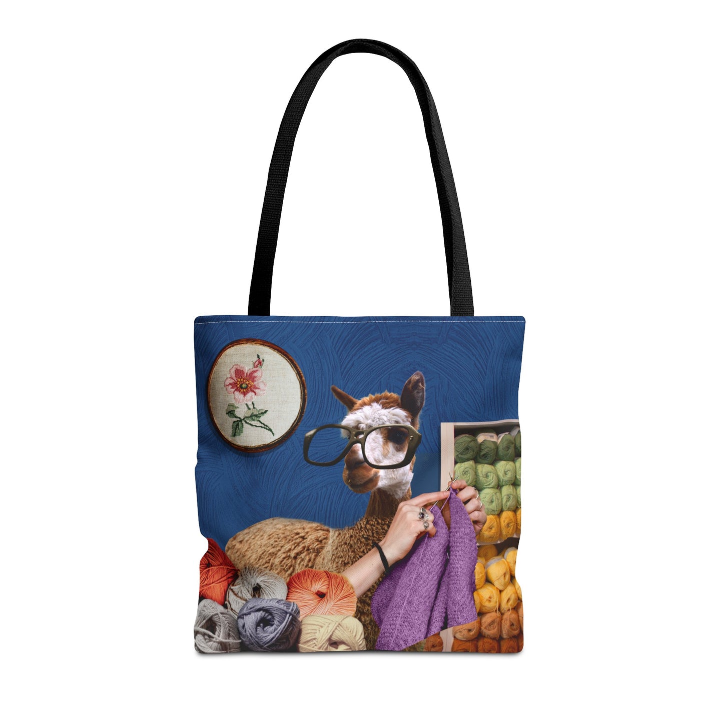 Whimsical Funky Llama Tote Bag: "Llama Tried" - Wearing Glasses and Knitting in Yarn Shop